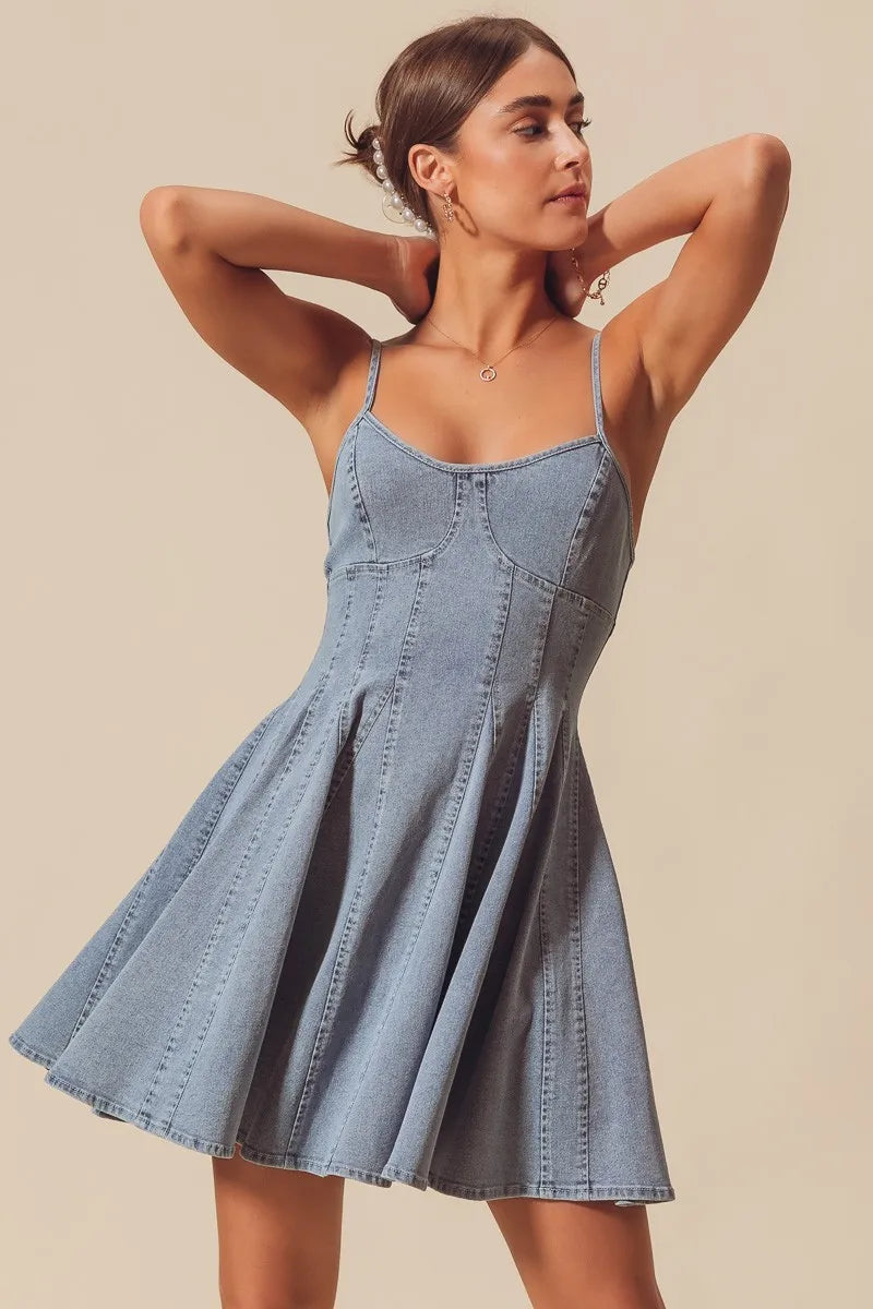 SO ME A Line Fit and Flare Denim Mini Dress - Alwesbo Fashion