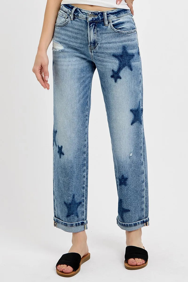 Trendy Boyfriend Jeans Featuring Star Shadow Accents and Cuffed Legs – Plus Size - Alwesbo Fashion
