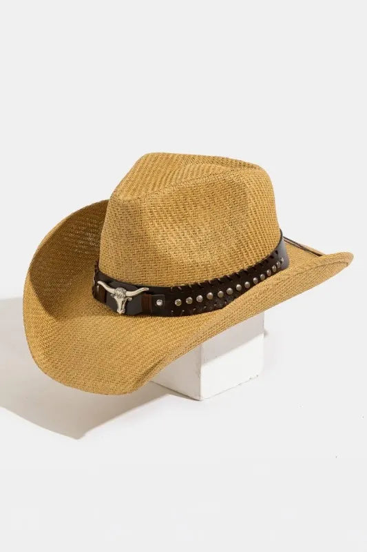 Fame Studded Bull Head Strap Straw Western Cowboy Hat - Alwesbo Fashion
