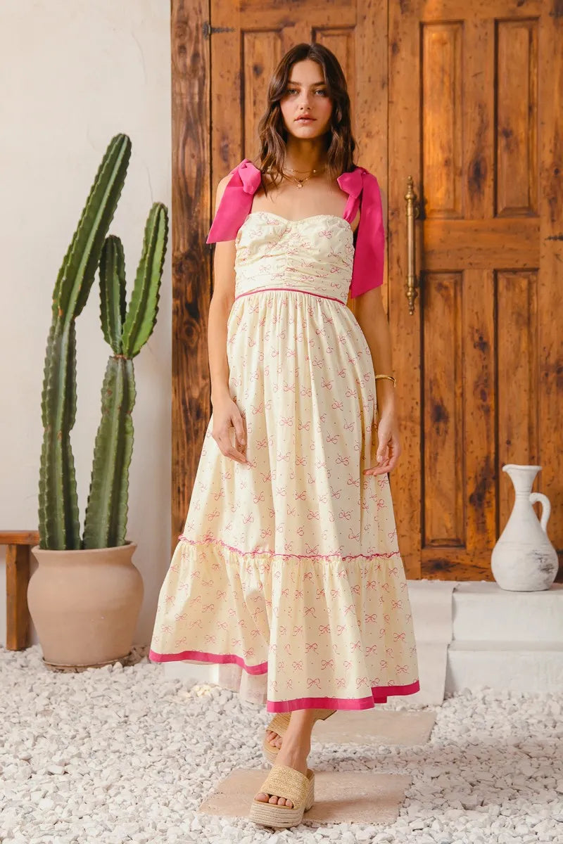 Flowy Maxi Dress with Ribbon Tie and Contrast Trim - Alwesbo Fashion