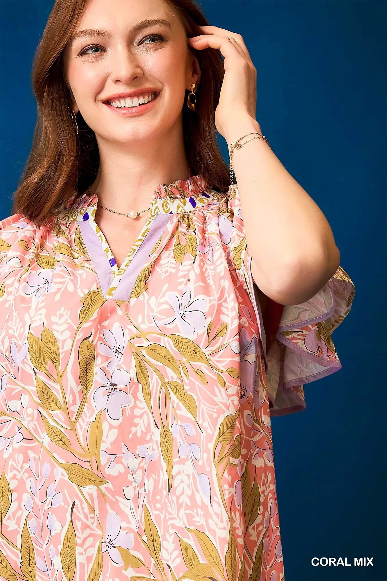 Floral Tunic Dress with Ruffle Sleeves - Alwesbo Fashion