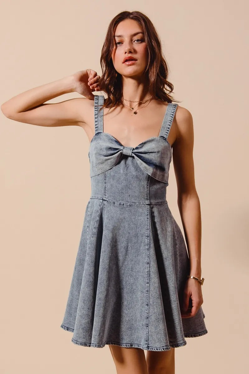 Mineral Washed Denim Flare Dress with Bow Ribbon Detail - Alwesbo Fashion