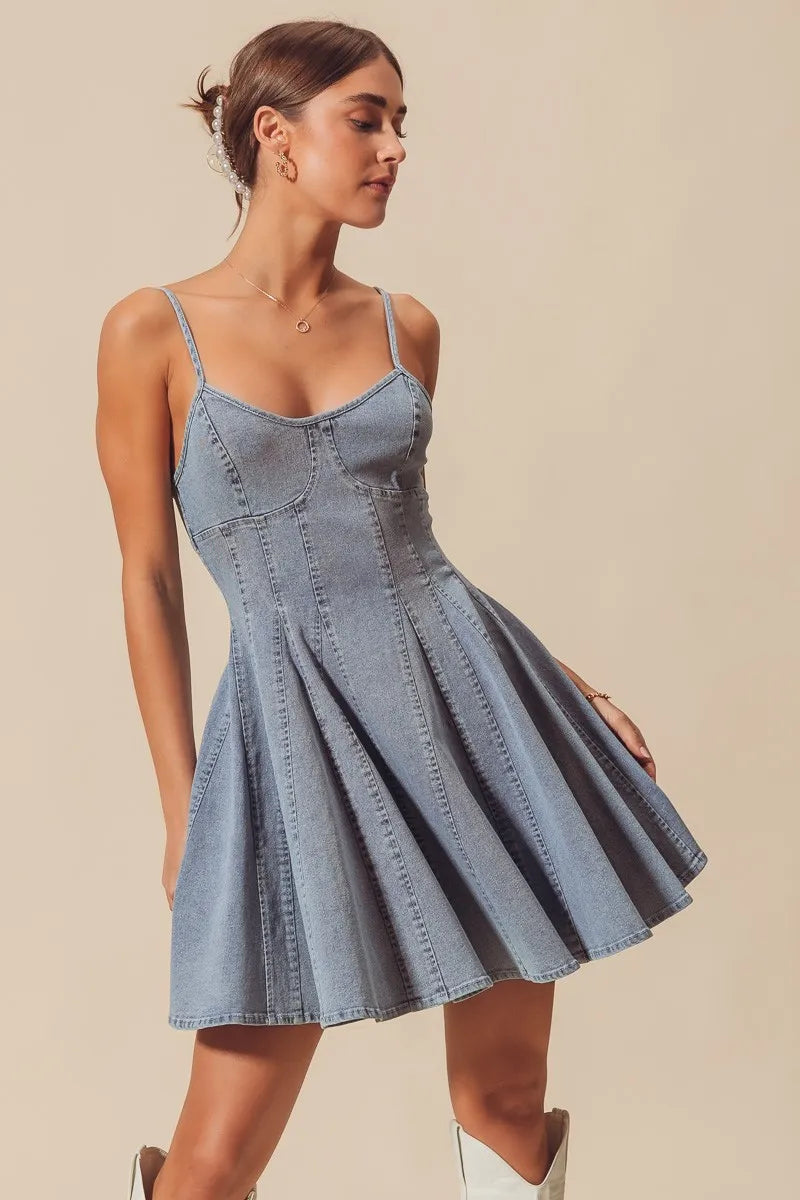 SO ME A Line Fit and Flare Denim Mini Dress - Alwesbo Fashion