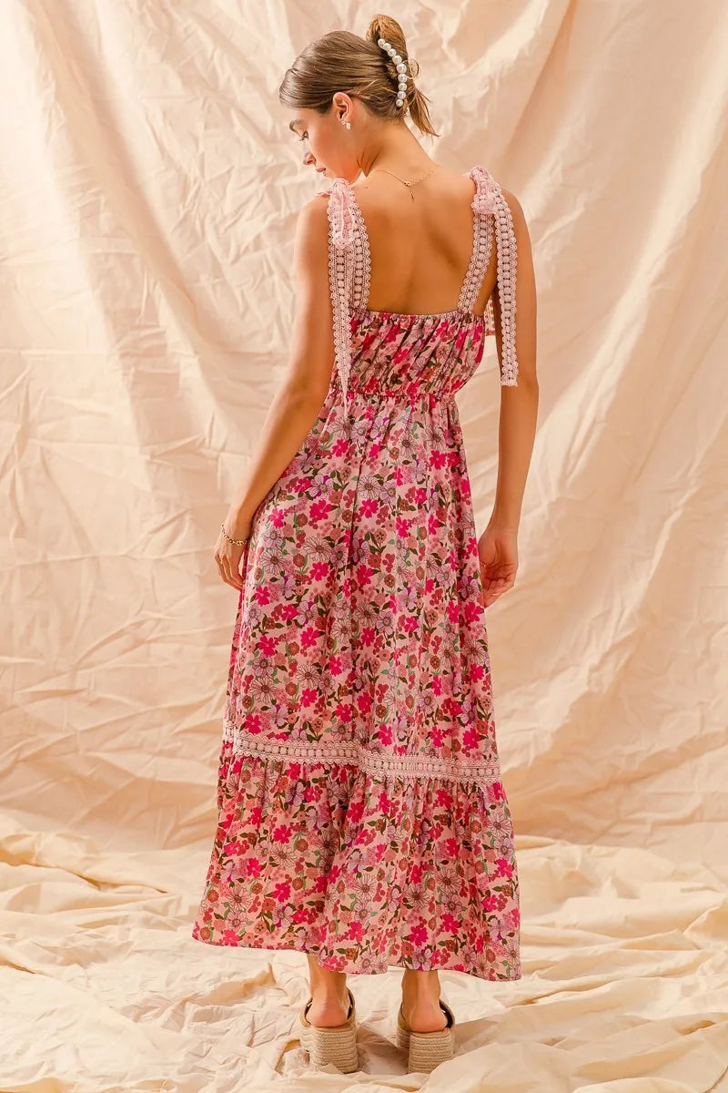 Floral Maxi Dress with Ribbon Tie and Lace Straps - Alwesbo Fashion
