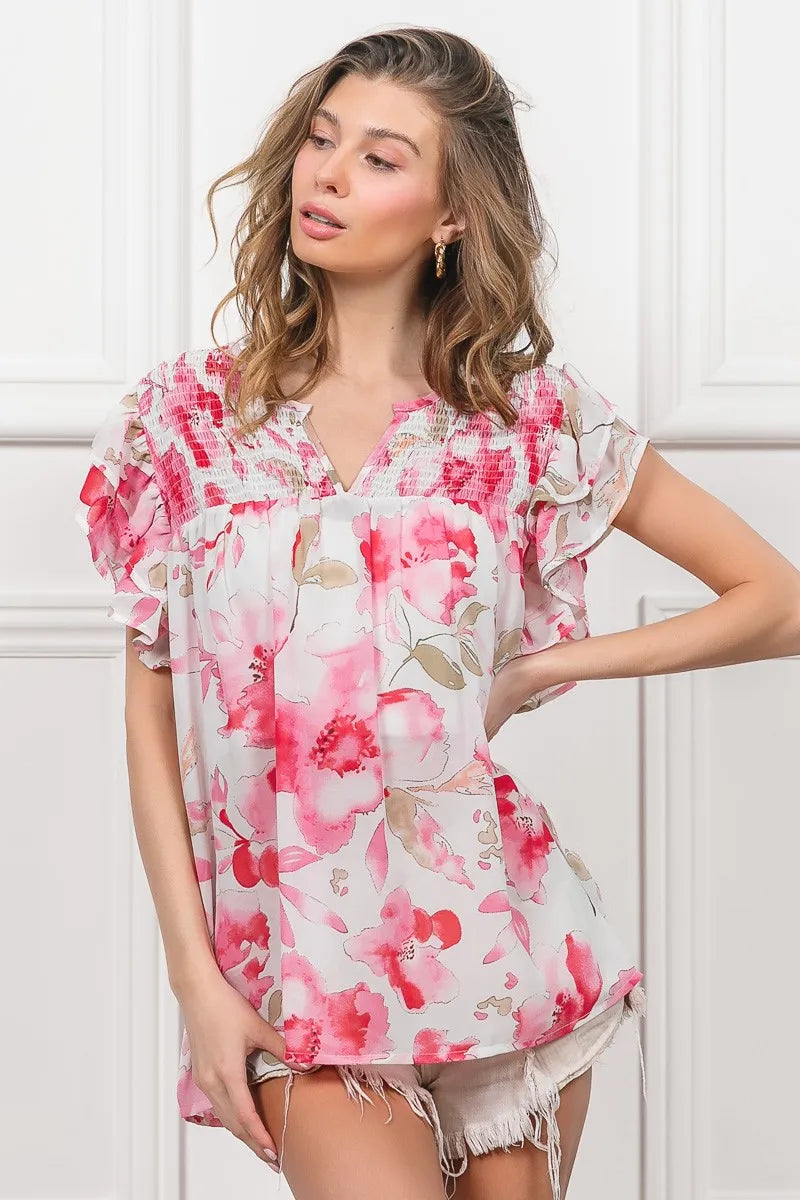Floral Print Sheer Top with Flutter Sleeves - Alwesbo Fashion