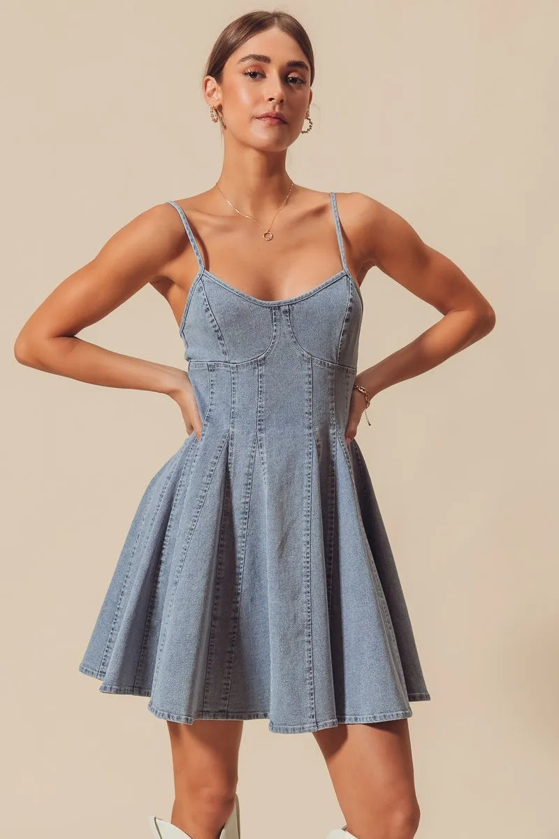 SO ME A Line Fit and Flare Denim Mini Dress - Alwesbo Fashion