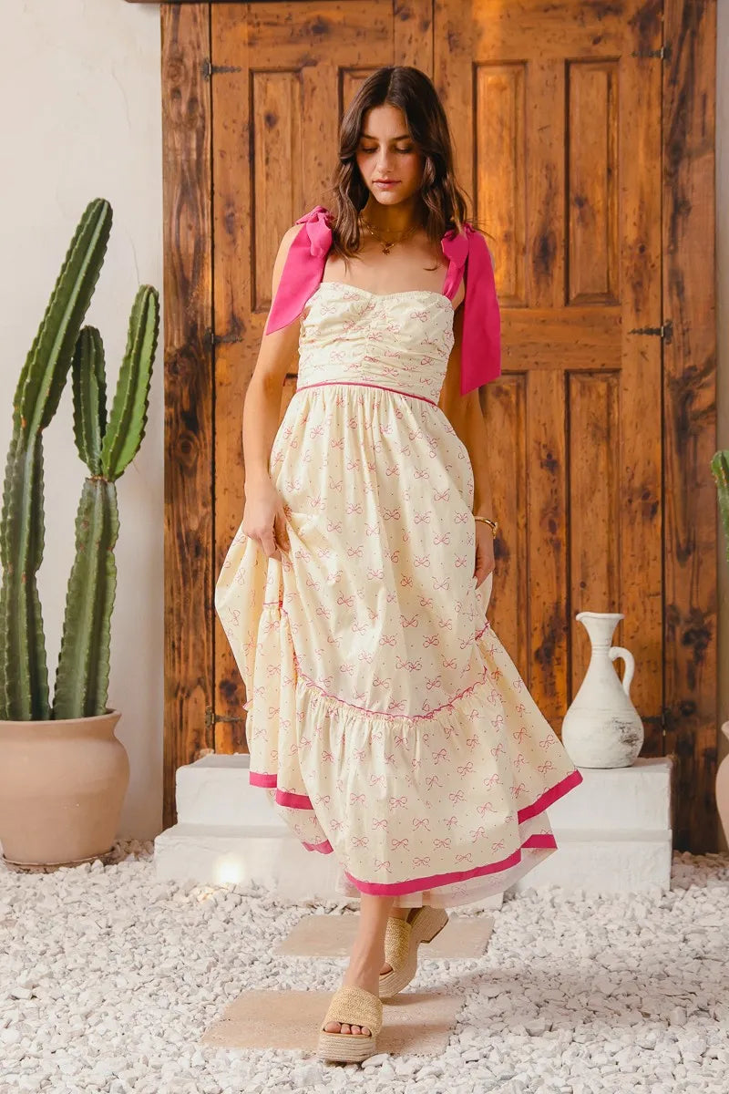 Flowy Maxi Dress with Ribbon Tie and Contrast Trim - Alwesbo Fashion