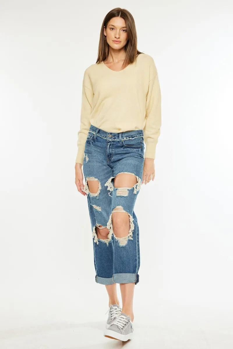 Distressed Mid Rise Boyfriend Jeans for Women - Alwesbo Fashion