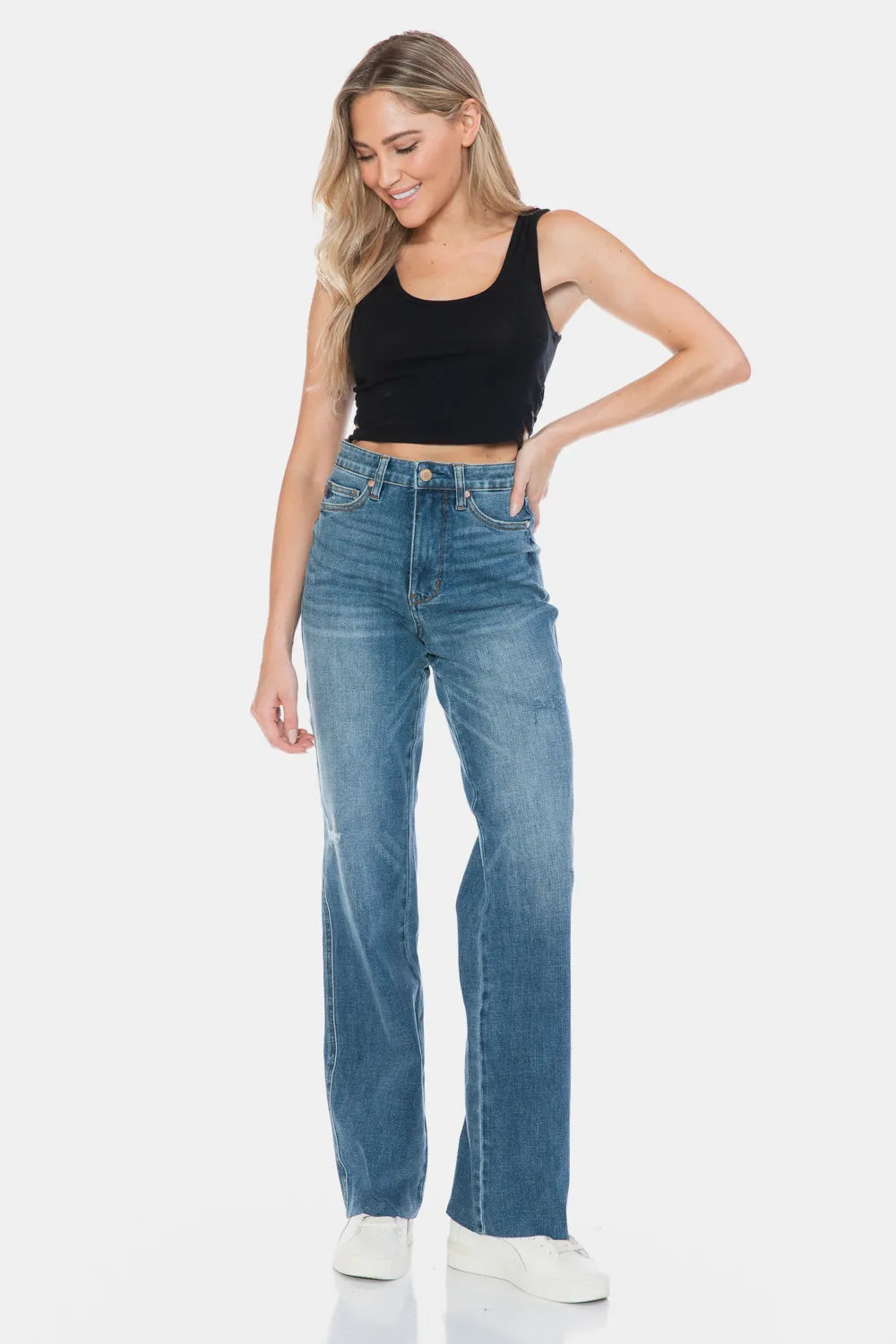 Judy Blue Full Size Tummy Control Cut Raw Hem Straight Jeans - Alwesbo Fashion