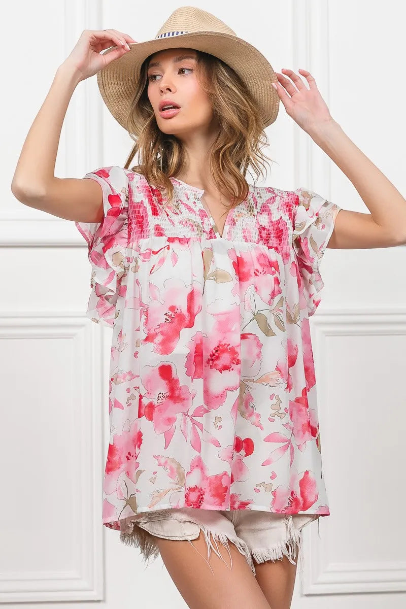 Floral Print Sheer Top with Flutter Sleeves - Alwesbo Fashion