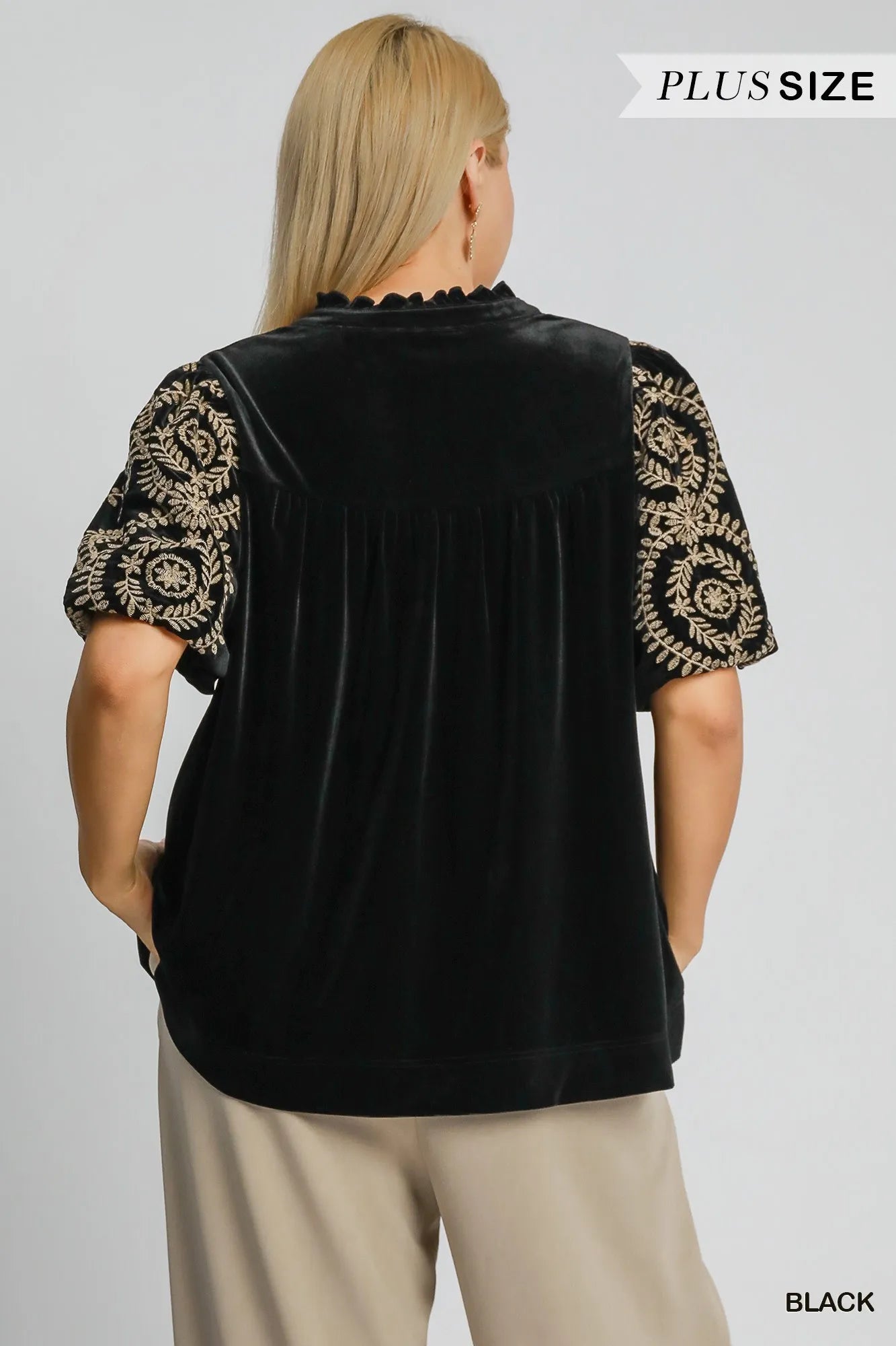 Plus Size Velvet Blouse with Stylish Embroidered Sleeve Detail - Alwesbo Fashion
