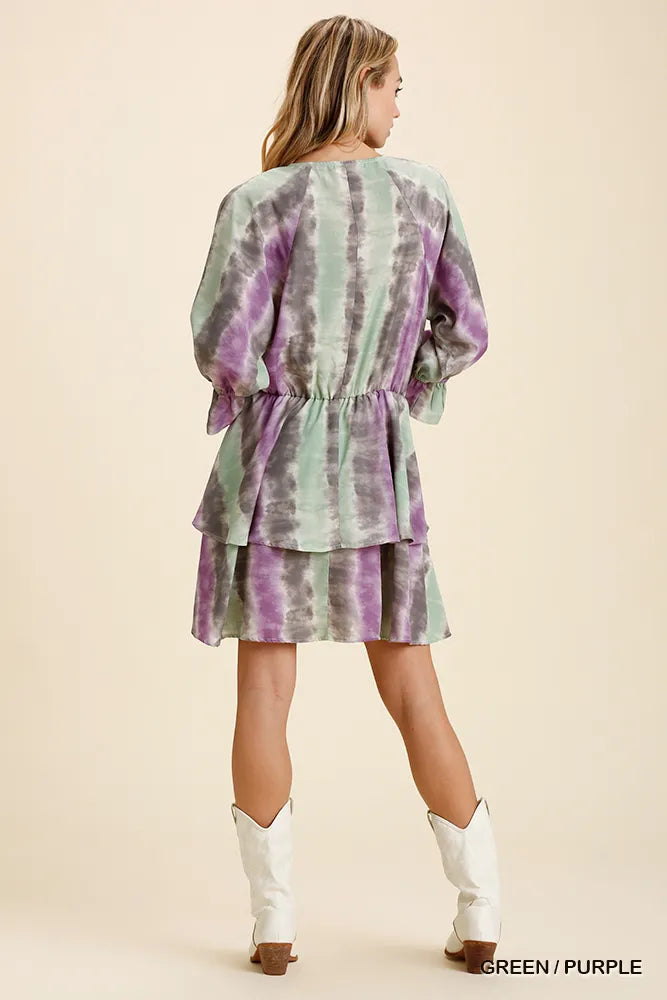 Tie Dye Ruffle Layered Dress with Stretch Waistband - Alwesbo Fashion