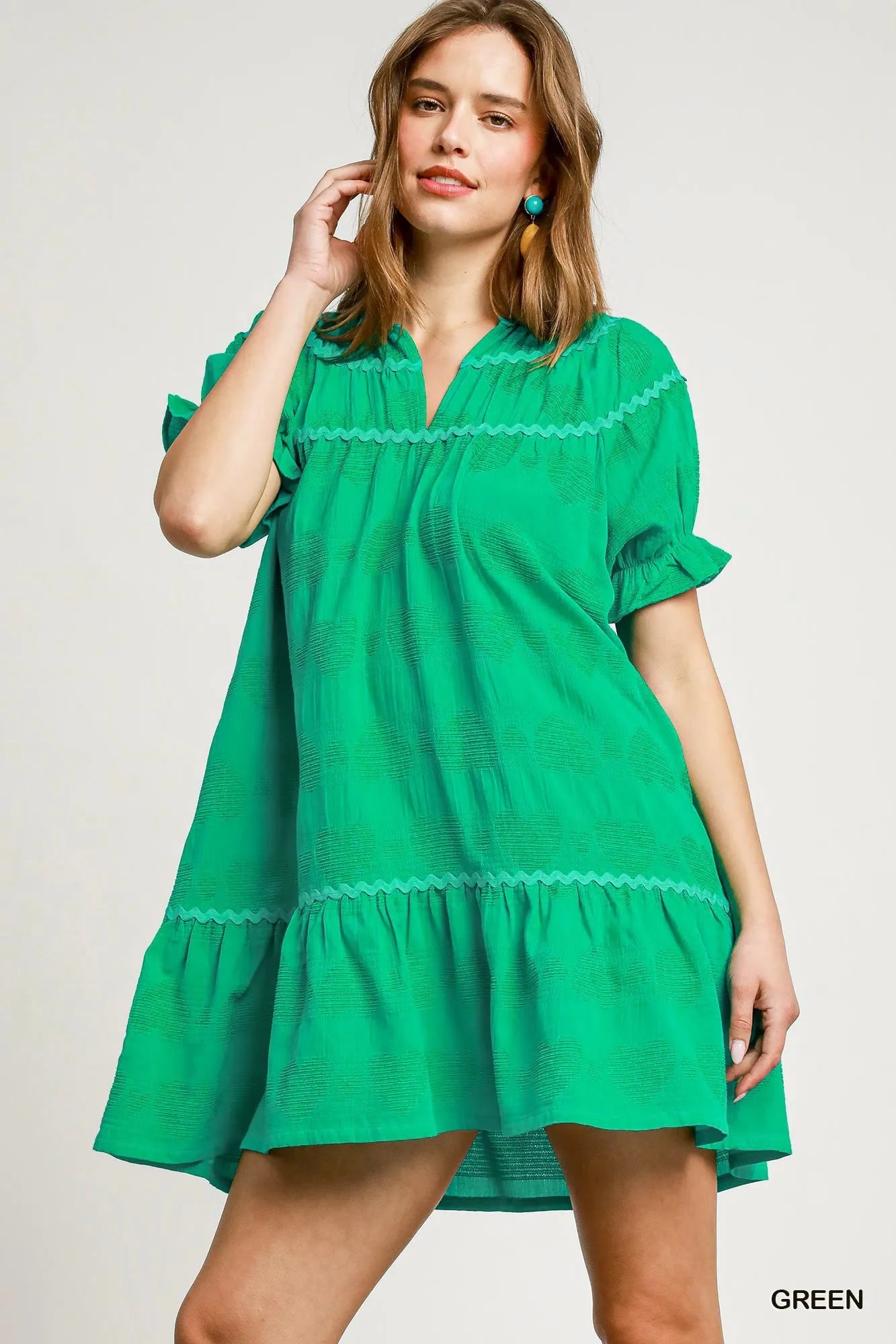 Umgee Heart Pattern Short Sleeve Ruffle Babydoll Dress - Alwesbo Fashion