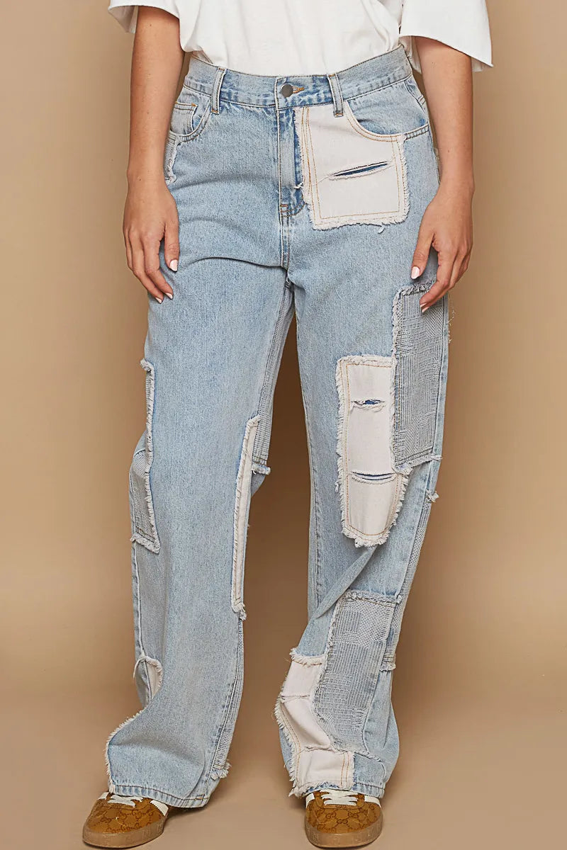 POL Contrast Patched Raw Hem Straight Jeans - Alwesbo Fashion