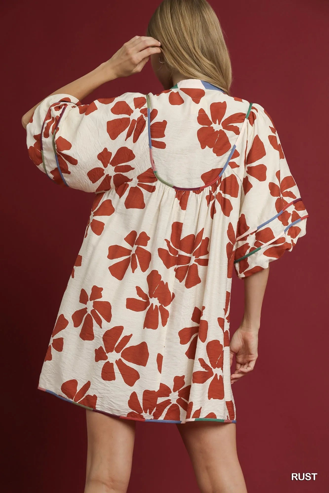 Umgee Two Tone Floral Tie-Neck Babydoll Dress - Alwesbo Fashion
