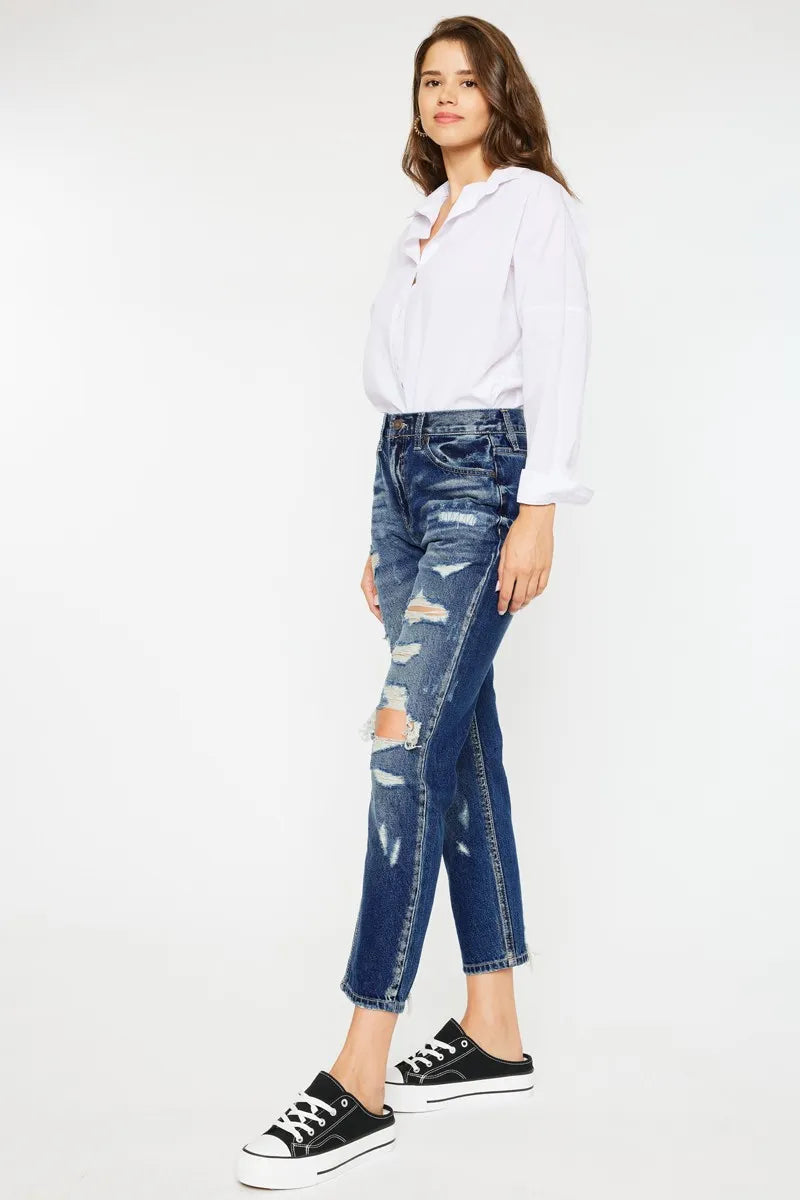 Kancan High Rise Distressed Mom Fit Jeans - Alwesbo Fashion