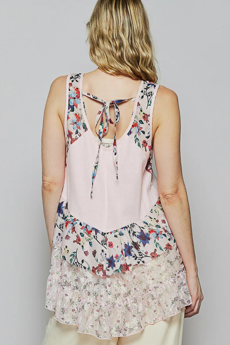 POL Floral Print Scoop Neck Tank with Lace Trim - Alwesbo Fashion
