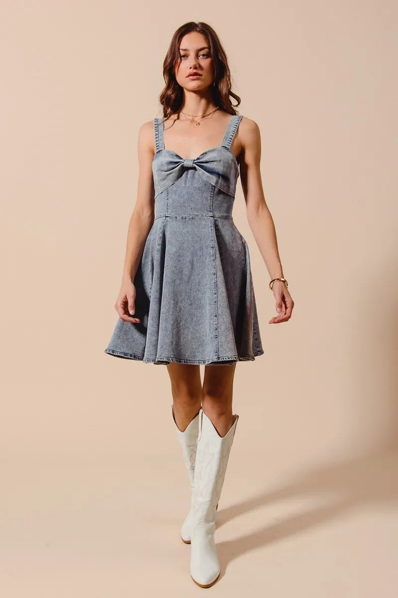 Mineral Washed Denim Flare Dress with Bow Ribbon Detail - Alwesbo Fashion