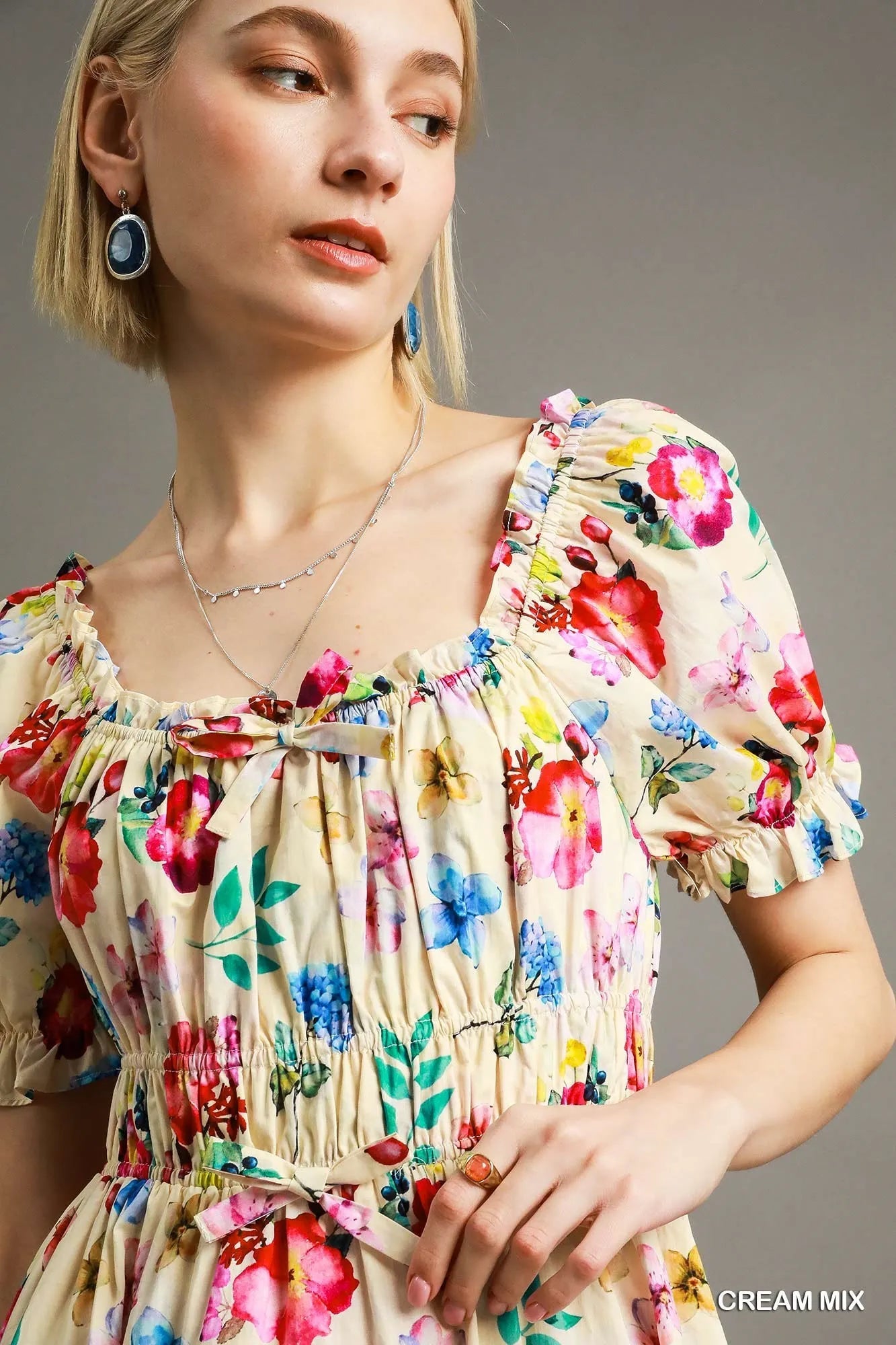Floral Print Mini Dress with Puff Sleeves - Alwesbo Fashion