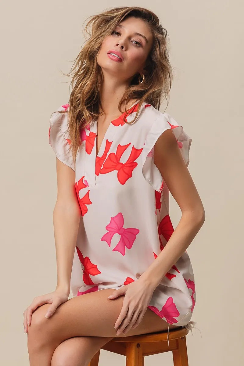 Bow Print Woven Top with Ruffled Sleeves and V Neck - Alwesbo Fashion
