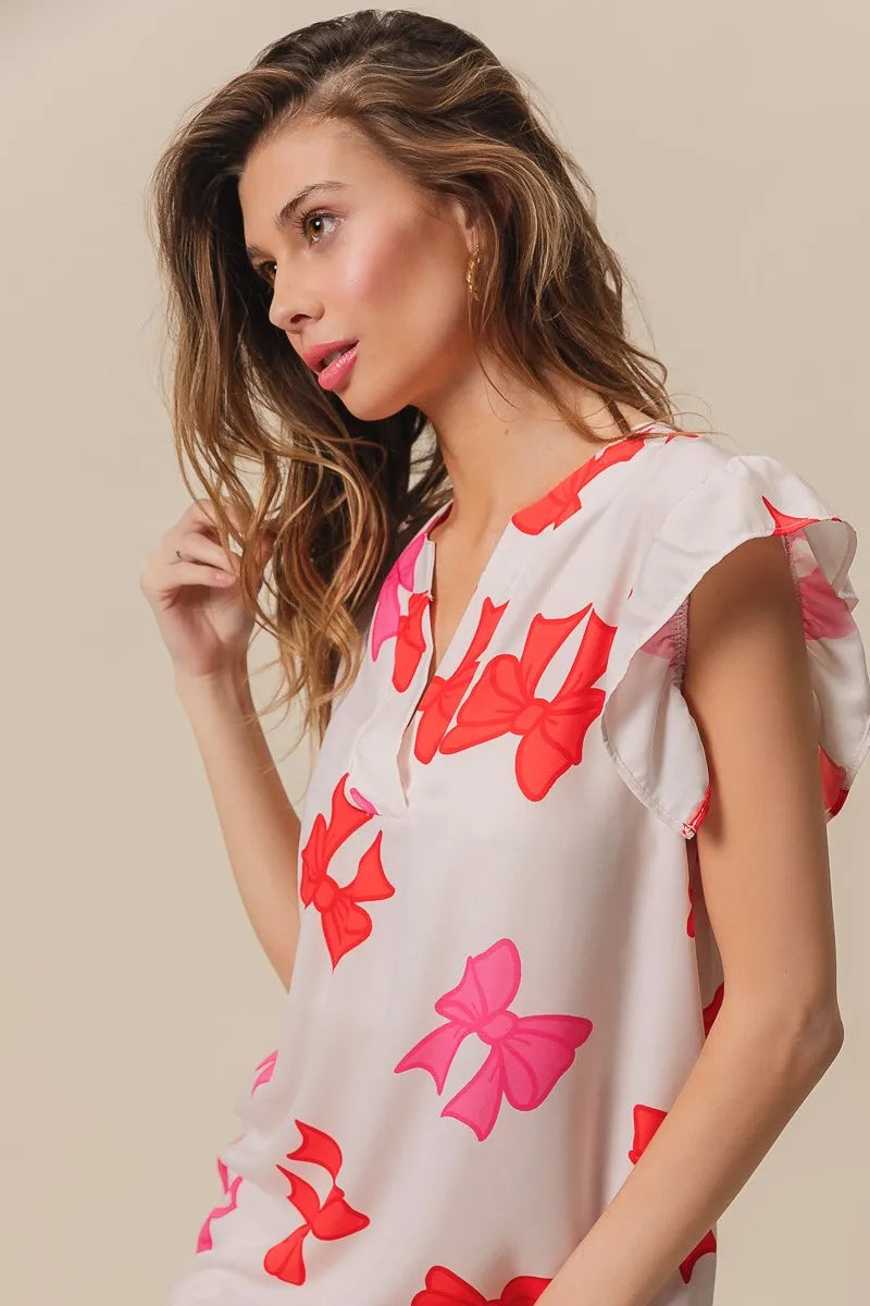 Bow Print Woven Top with Ruffled Sleeves and V Neck - Alwesbo Fashion