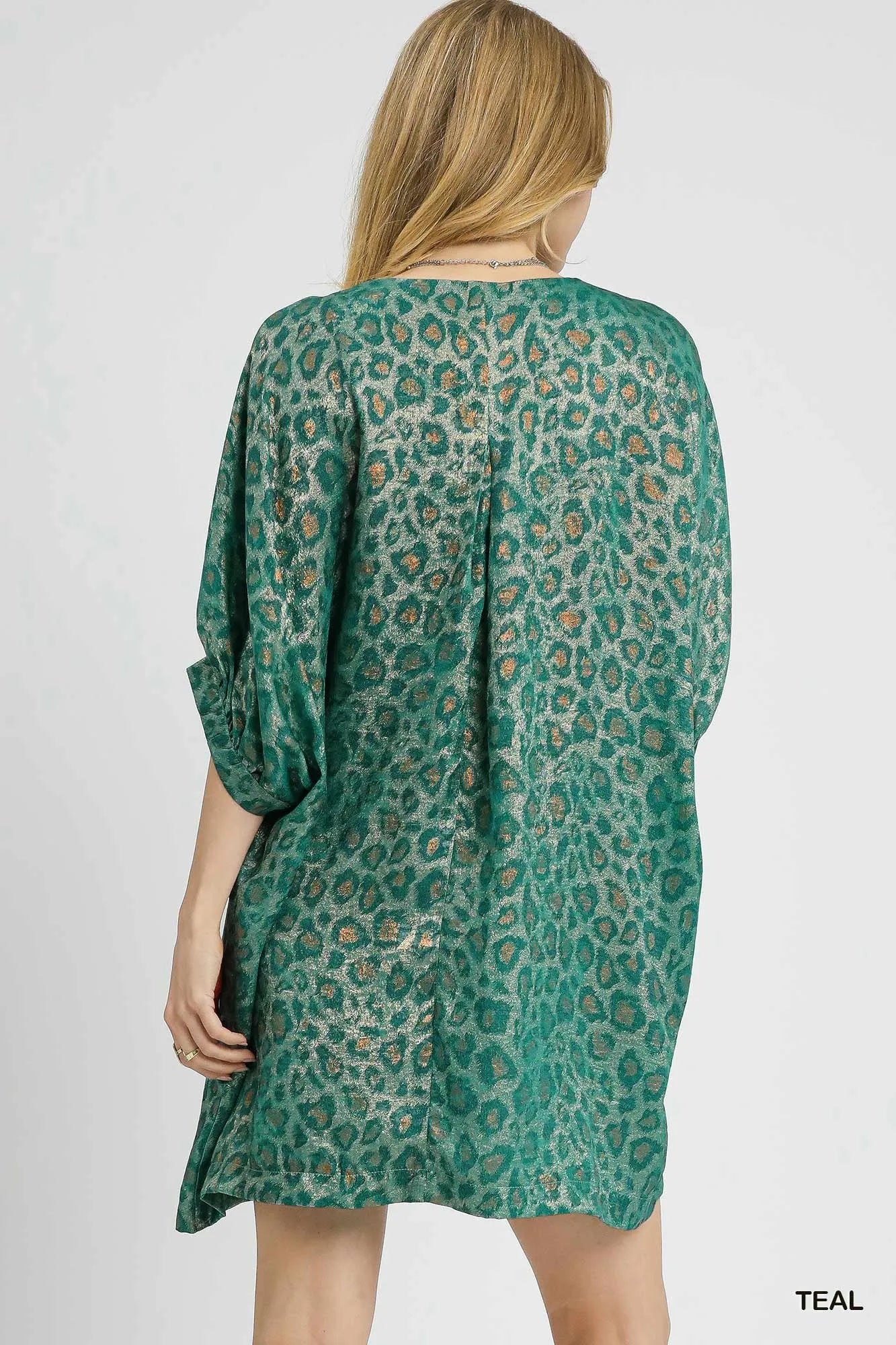 Umgee Metallic Leopard Print V-Neck Kimono Dress - Alwesbo Fashion