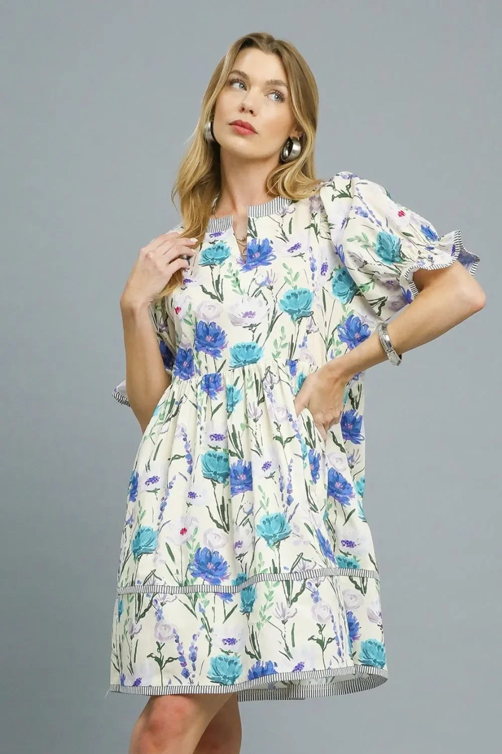Umgee BabyDoll Floral Striped Hem Mini Dress / Pastel Blue - Alwesbo Fashion