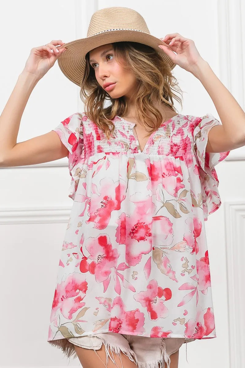 Floral Print Sheer Top with Flutter Sleeves - Alwesbo Fashion