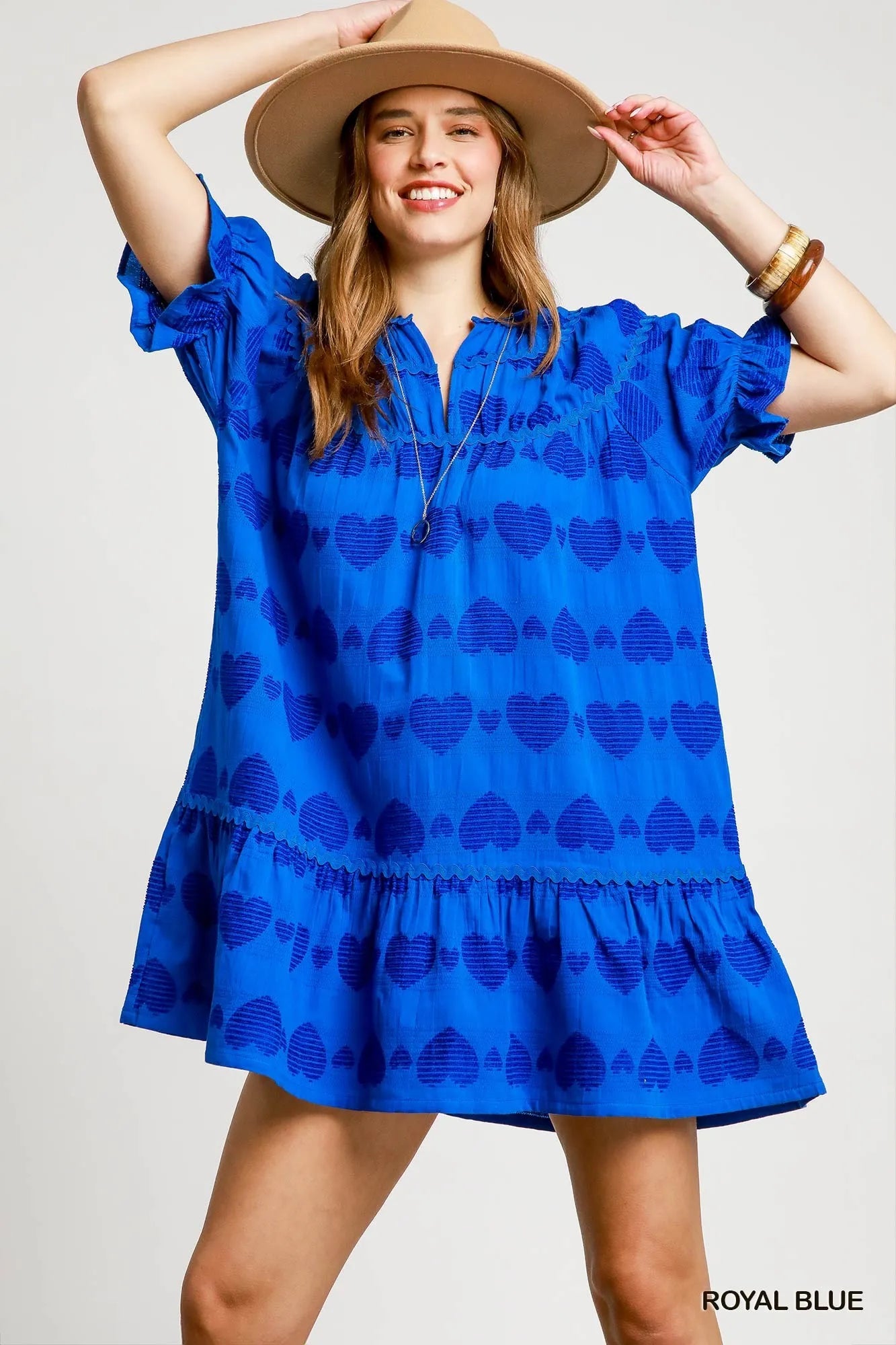 Umgee Heart Pattern Short Sleeve Ruffle Babydoll Dress - Alwesbo Fashion