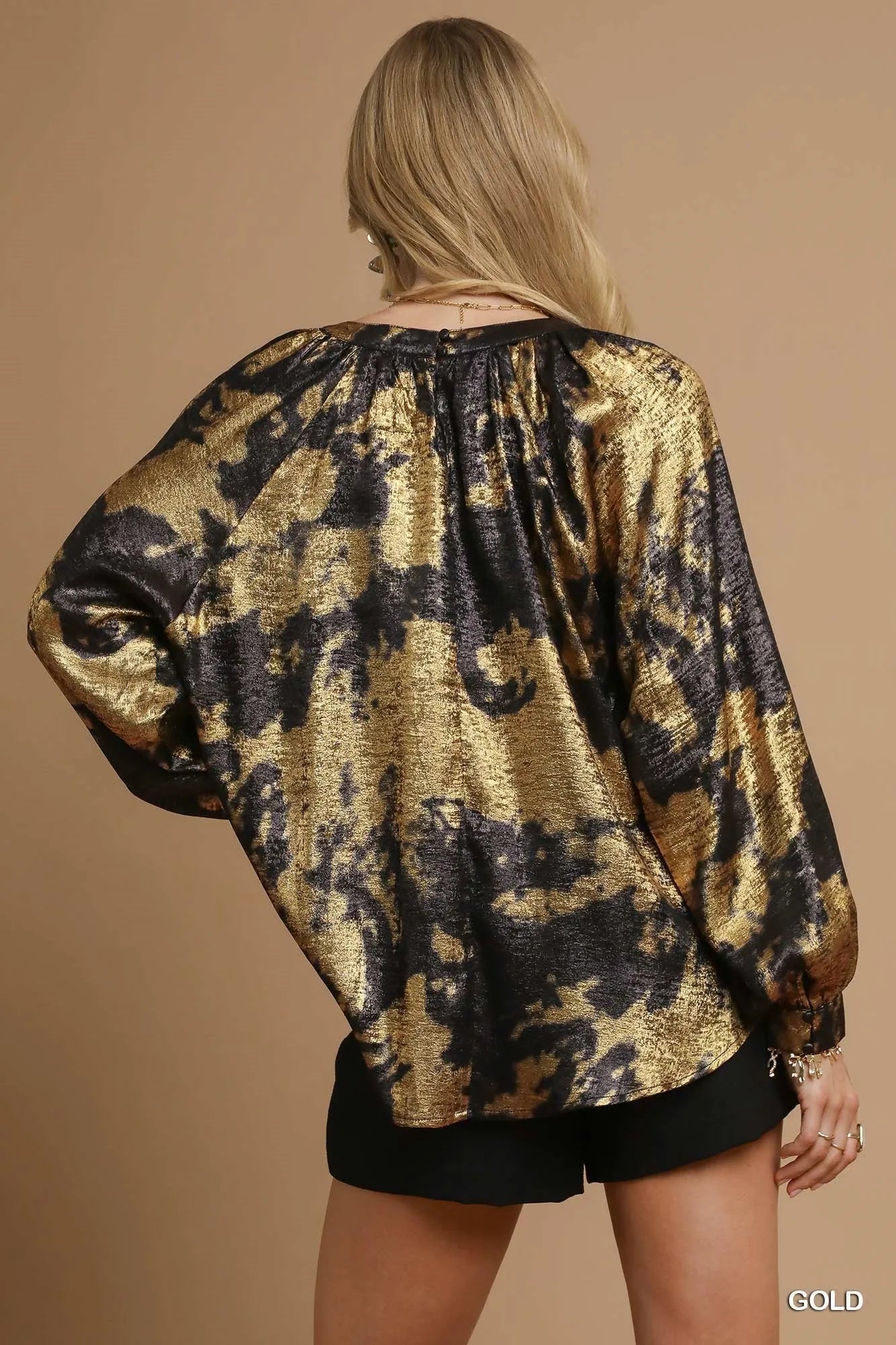 Metallic Blouse with Statement Balloon Sleeves - Alwesbo Fashion