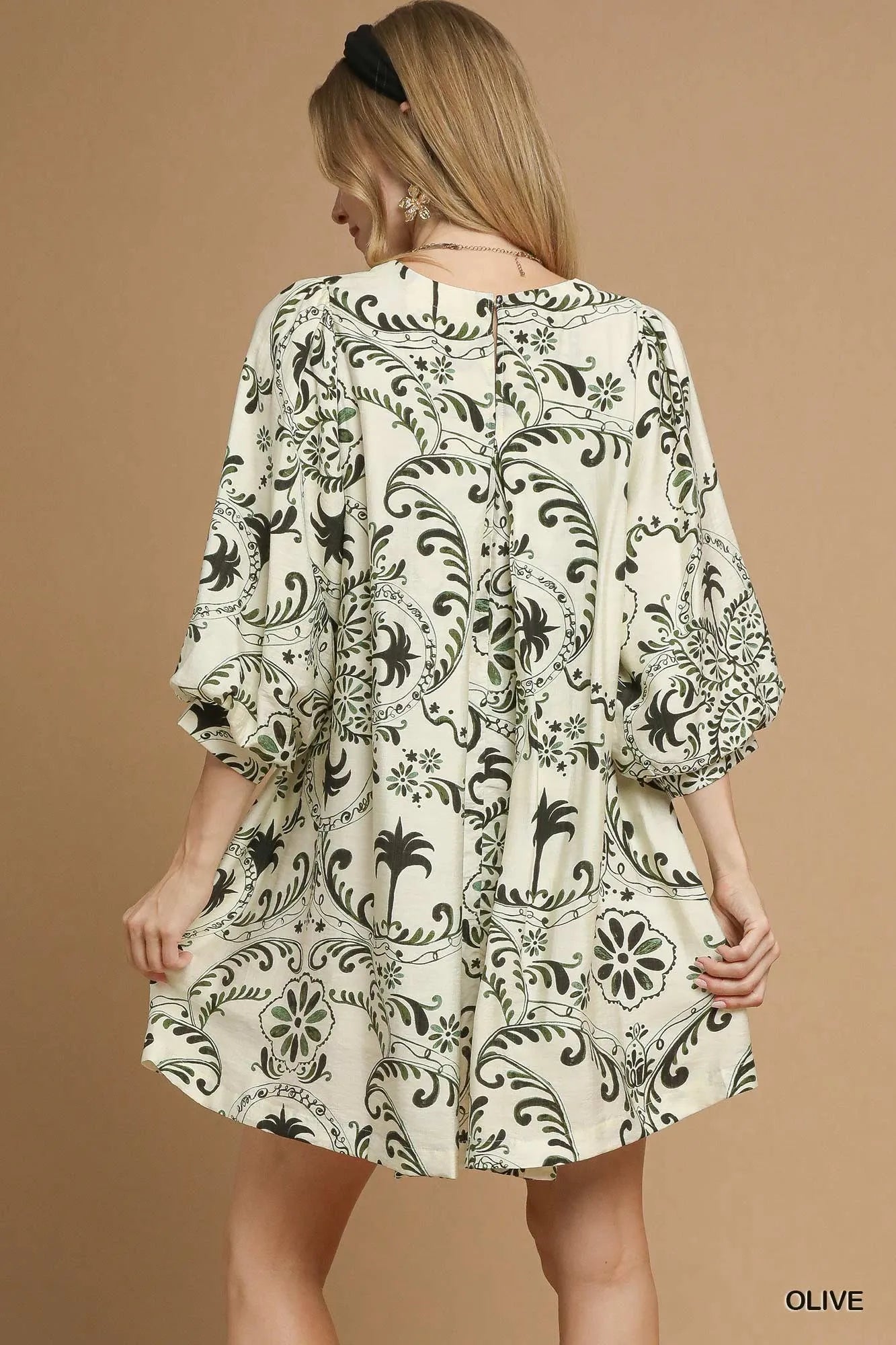 Boho Printed Mini Dress with Balloon Sleeves - Alwesbo Fashion