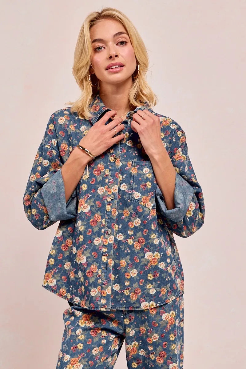 Washed Floral Denim Jacket for Women - Alwesbo Fashion