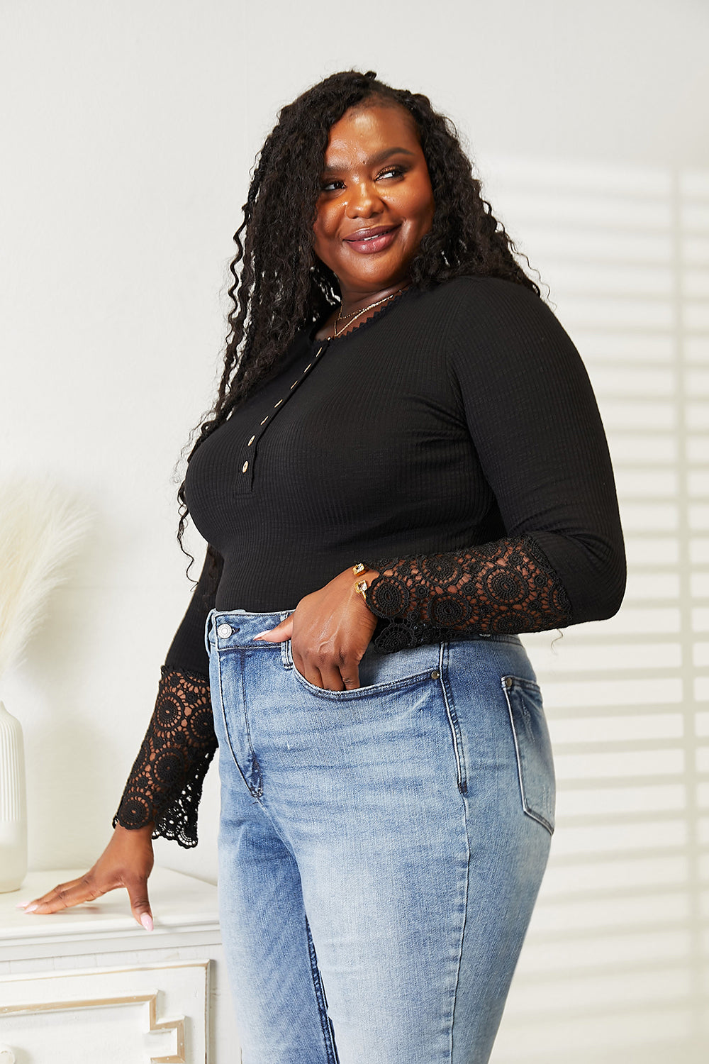 Double Take Crochet Lace Hem Sleeve Button Top - Alwesbo Fashion