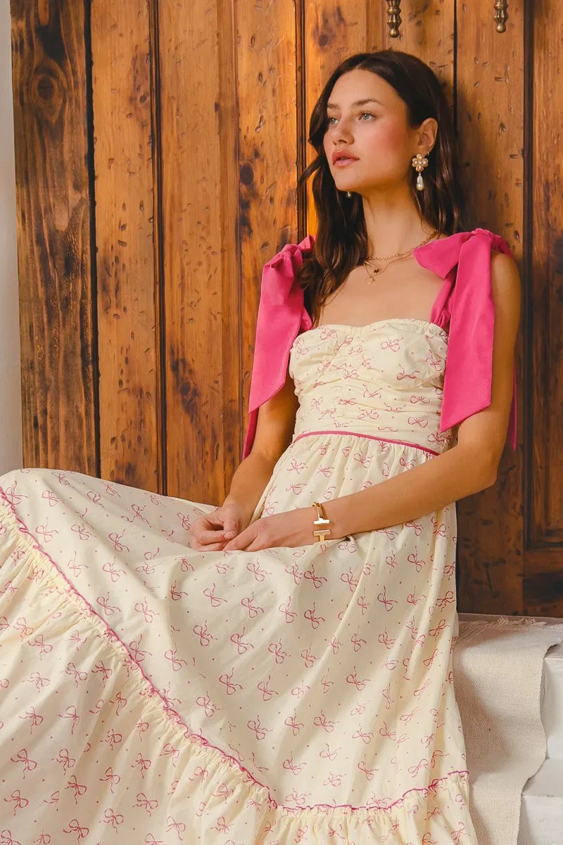Flowy Maxi Dress with Ribbon Tie and Contrast Trim - Alwesbo Fashion
