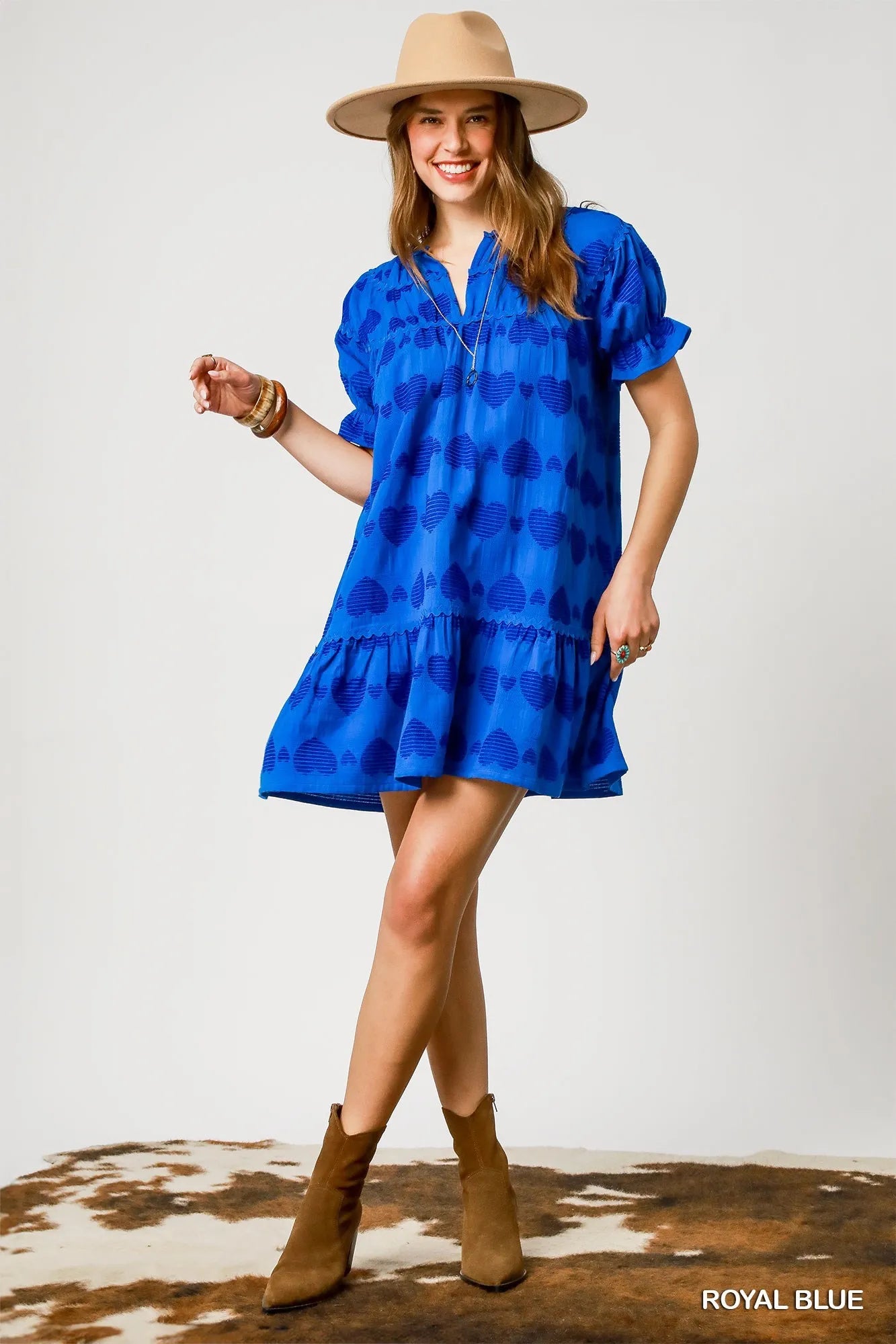 Umgee Heart Pattern Short Sleeve Ruffle Babydoll Dress - Alwesbo Fashion