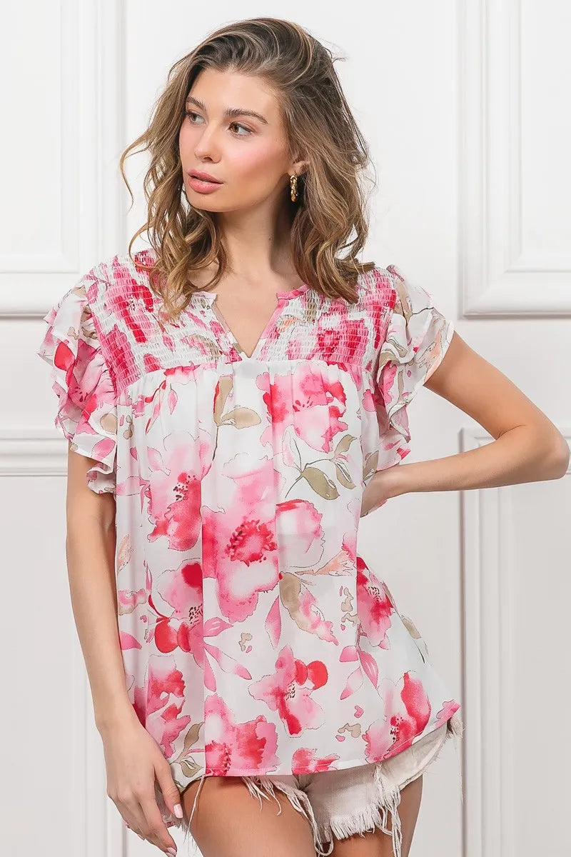 Floral Print Sheer Top with Flutter Sleeves - Alwesbo Fashion