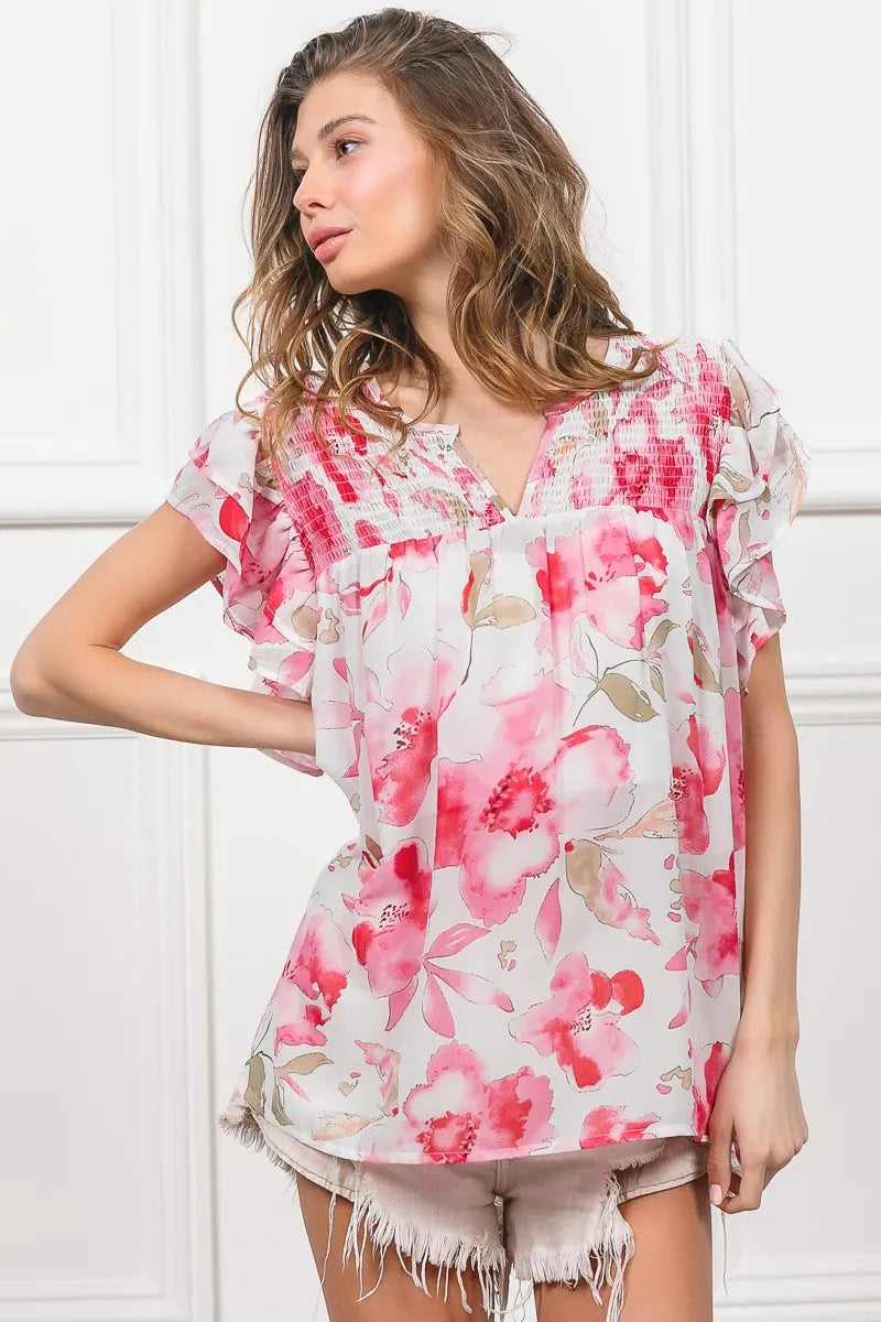 Floral Print Sheer Top with Flutter Sleeves - Alwesbo Fashion