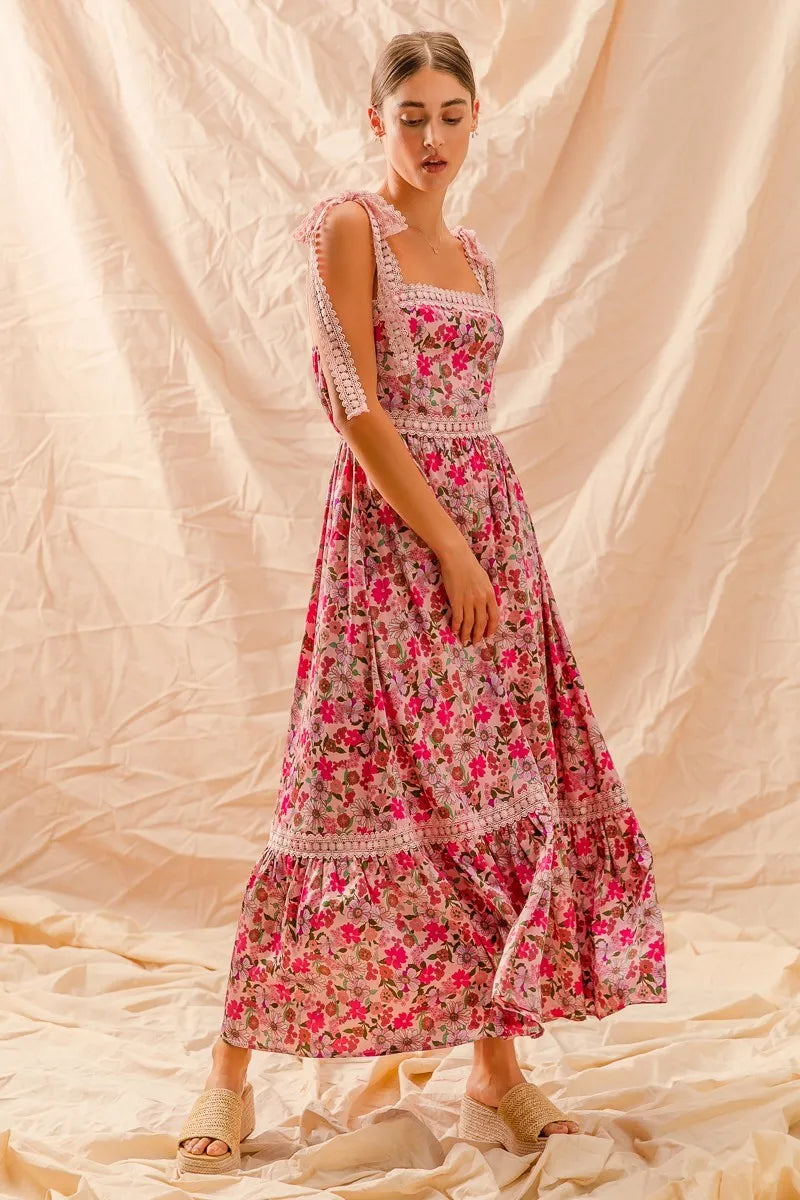 Floral Maxi Dress with Ribbon Tie and Lace Straps - Alwesbo Fashion