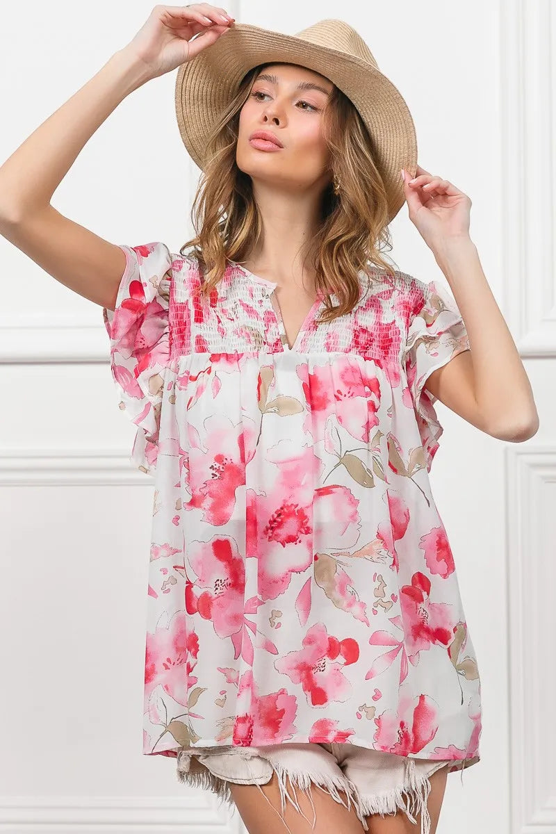 Floral Print Sheer Top with Flutter Sleeves - Alwesbo Fashion