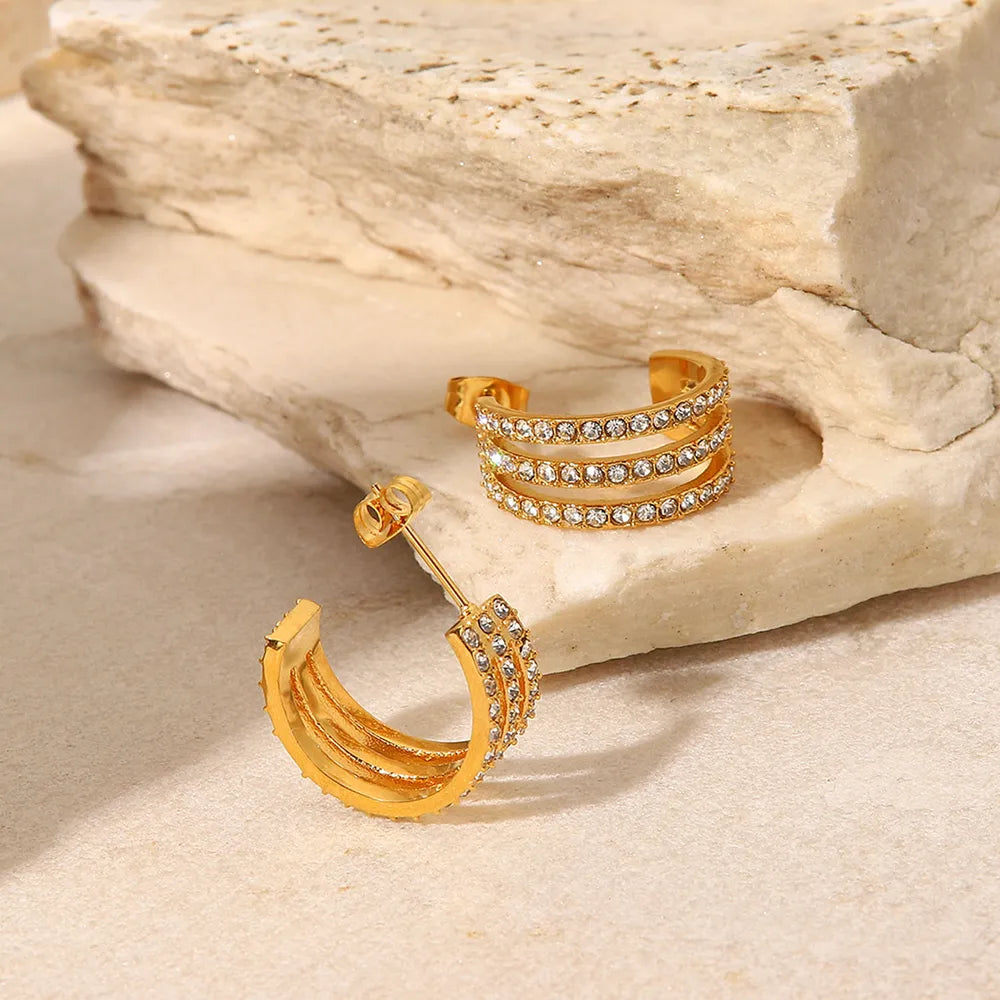 Stainless Steel Inlaid Zircon C-Hoop Earrings - Alwesbo Fashion