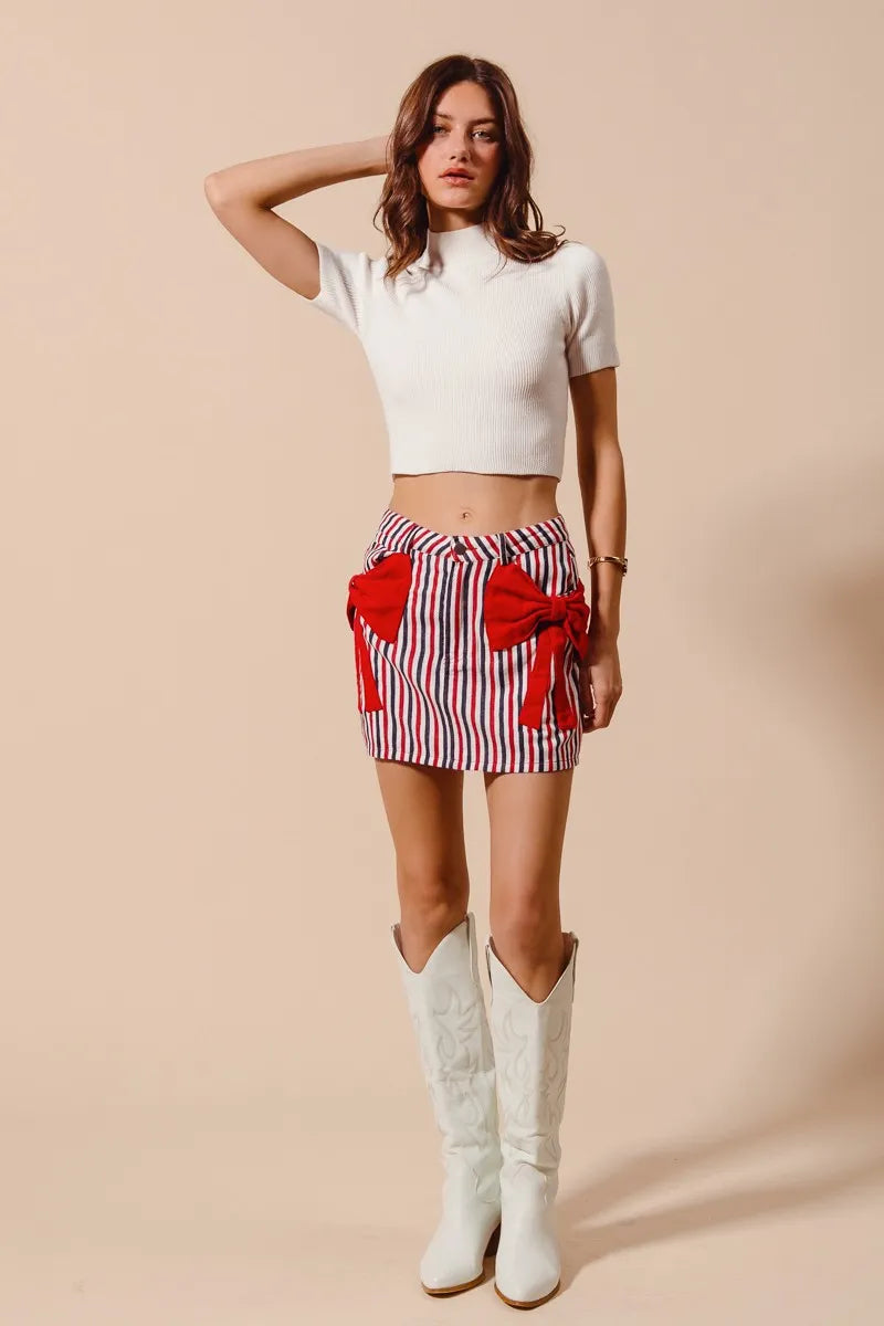 SO ME Contrast Bow Knot Pocket Fourth Of July Denim Skirt - Alwesbo Fashion