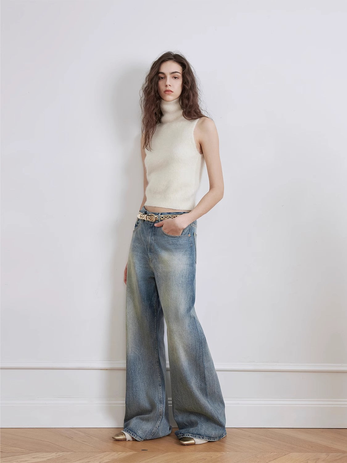 Retro Washed Wrinkled Wide-Leg Jeans – Women's Spacious Straight Fit - Alwesbo Fashion
