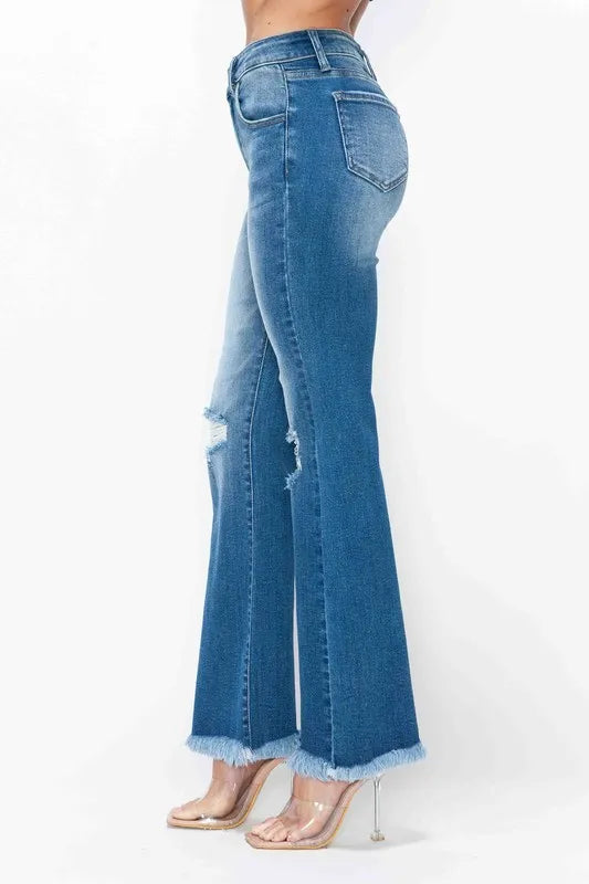 bytos Full Size Raw Hem Distressed High Rise Bootcut Jeans - Alwesbo Fashion