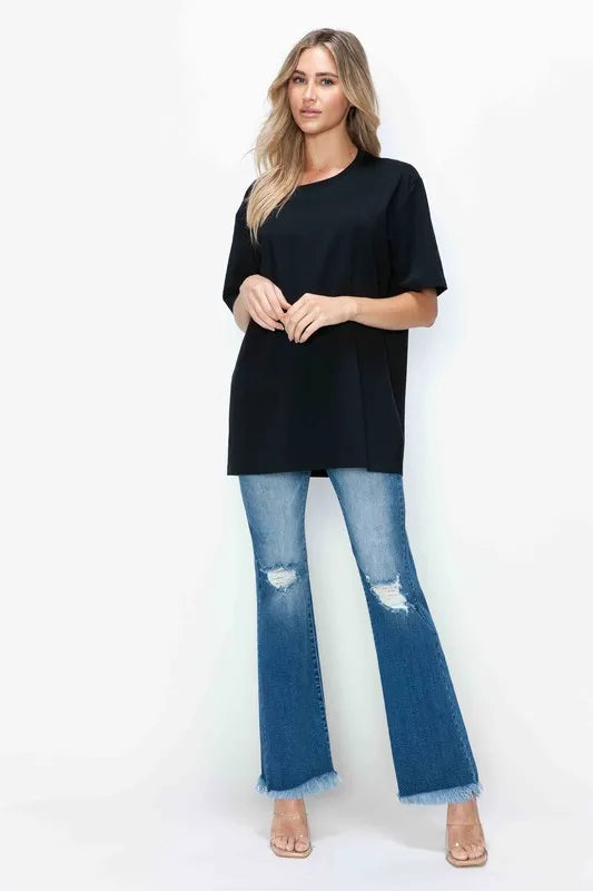 bytos Full Size Raw Hem Distressed High Rise Bootcut Jeans - Alwesbo Fashion