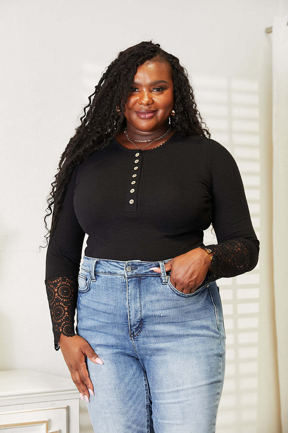 Double Take Crochet Lace Hem Sleeve Button Top - Alwesbo Fashion