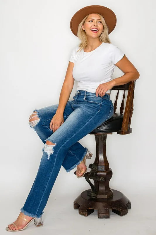 bytos Full Size Raw Hem Distressed High Rise Bootcut Jeans - Alwesbo Fashion