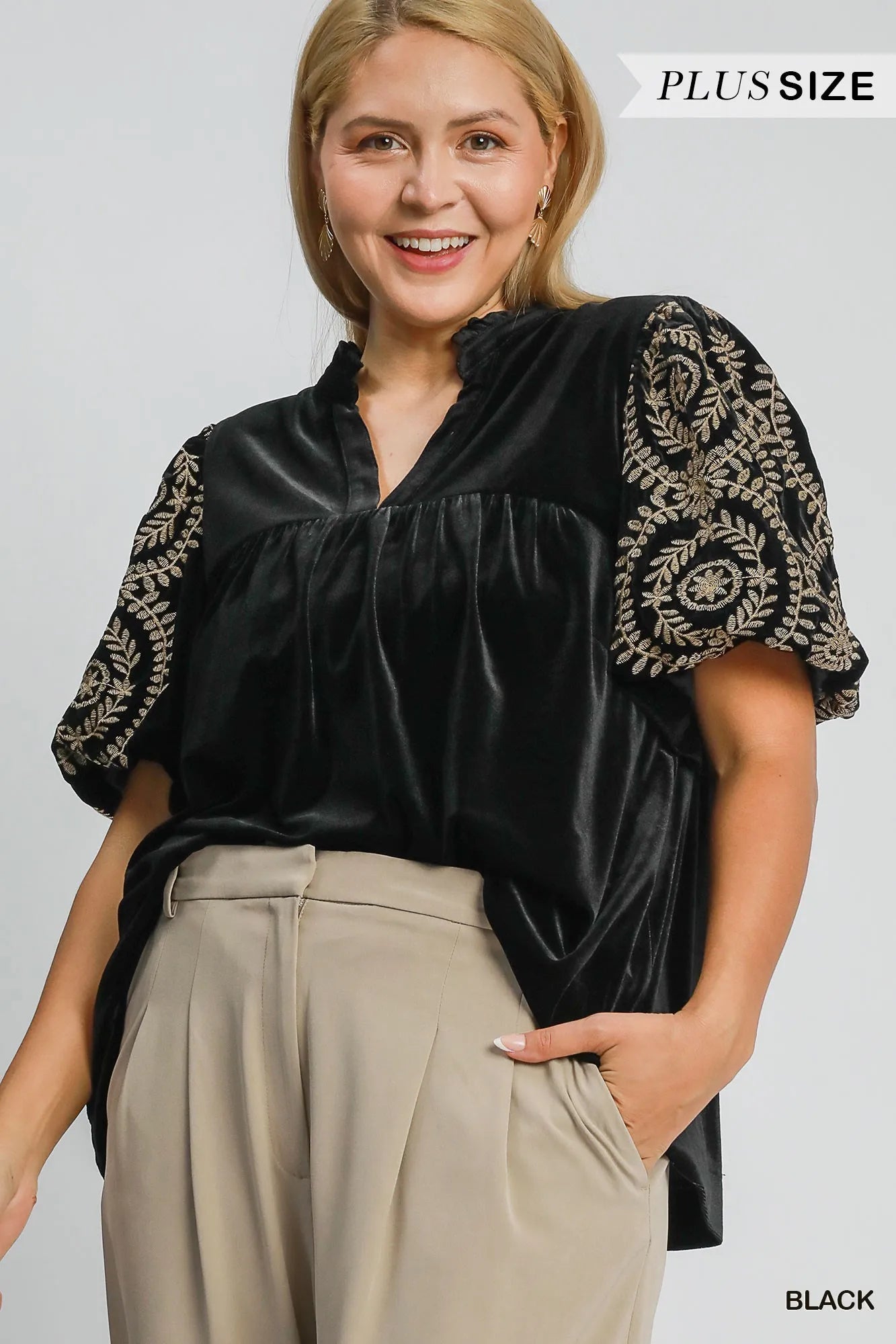 Plus Size Velvet Blouse with Stylish Embroidered Sleeve Detail - Alwesbo Fashion
