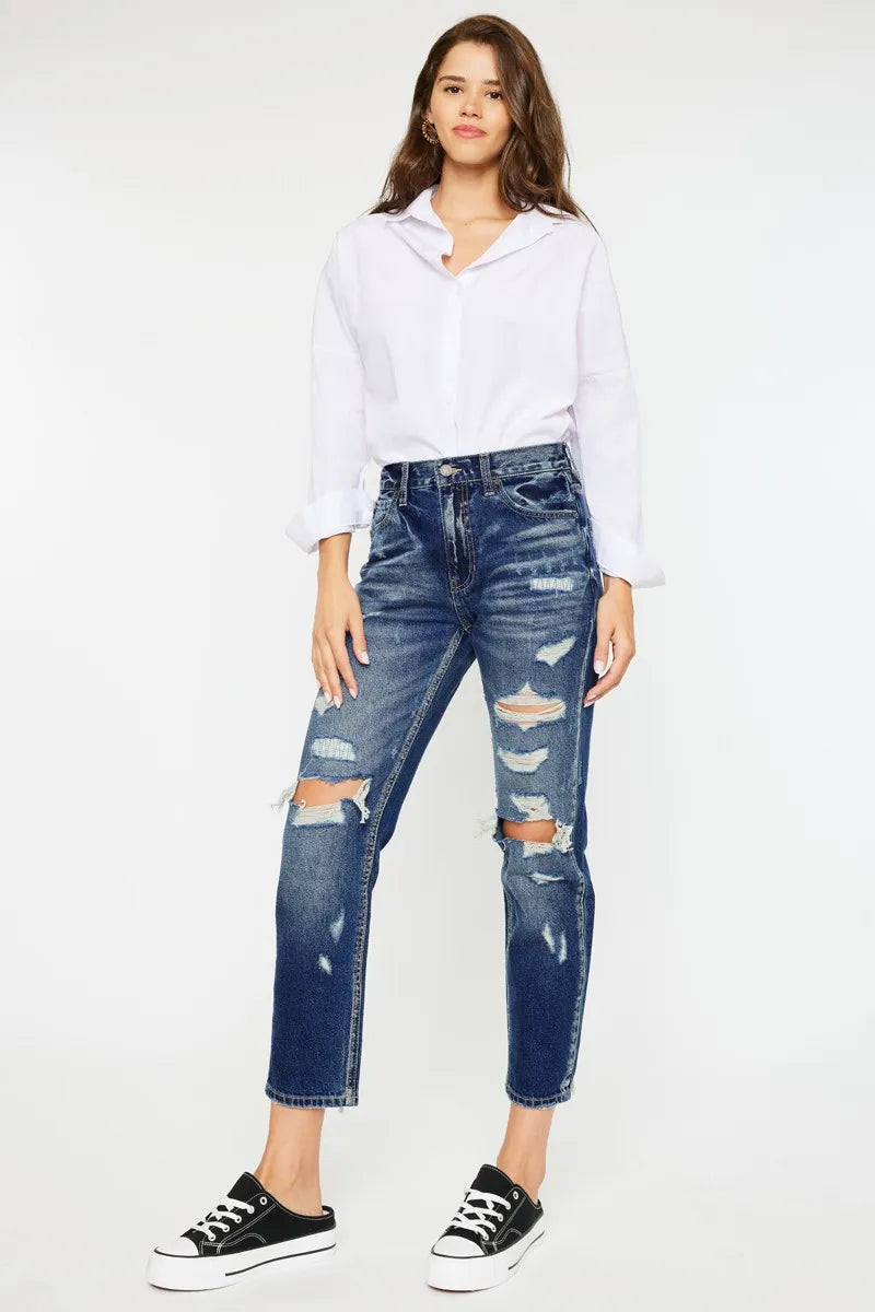 Kancan High Rise Distressed Mom Fit Jeans - Alwesbo Fashion