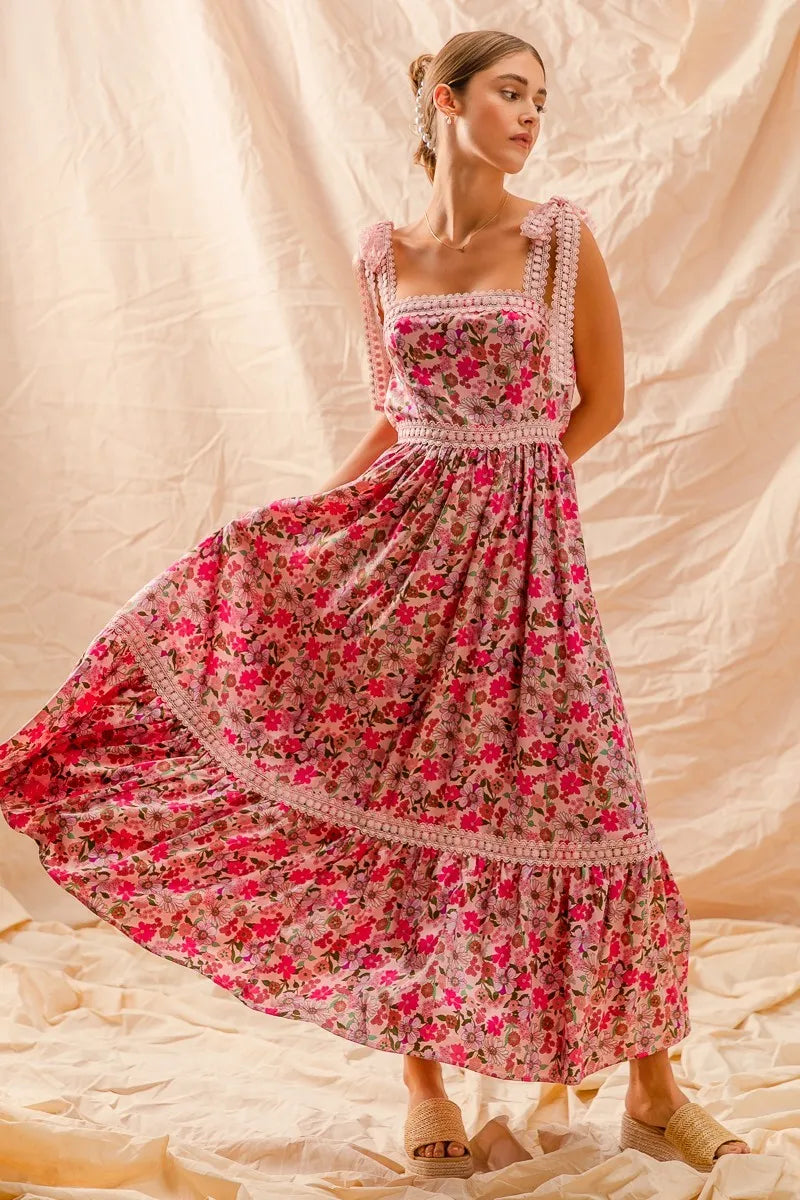 Floral Maxi Dress with Ribbon Tie and Lace Straps - Alwesbo Fashion