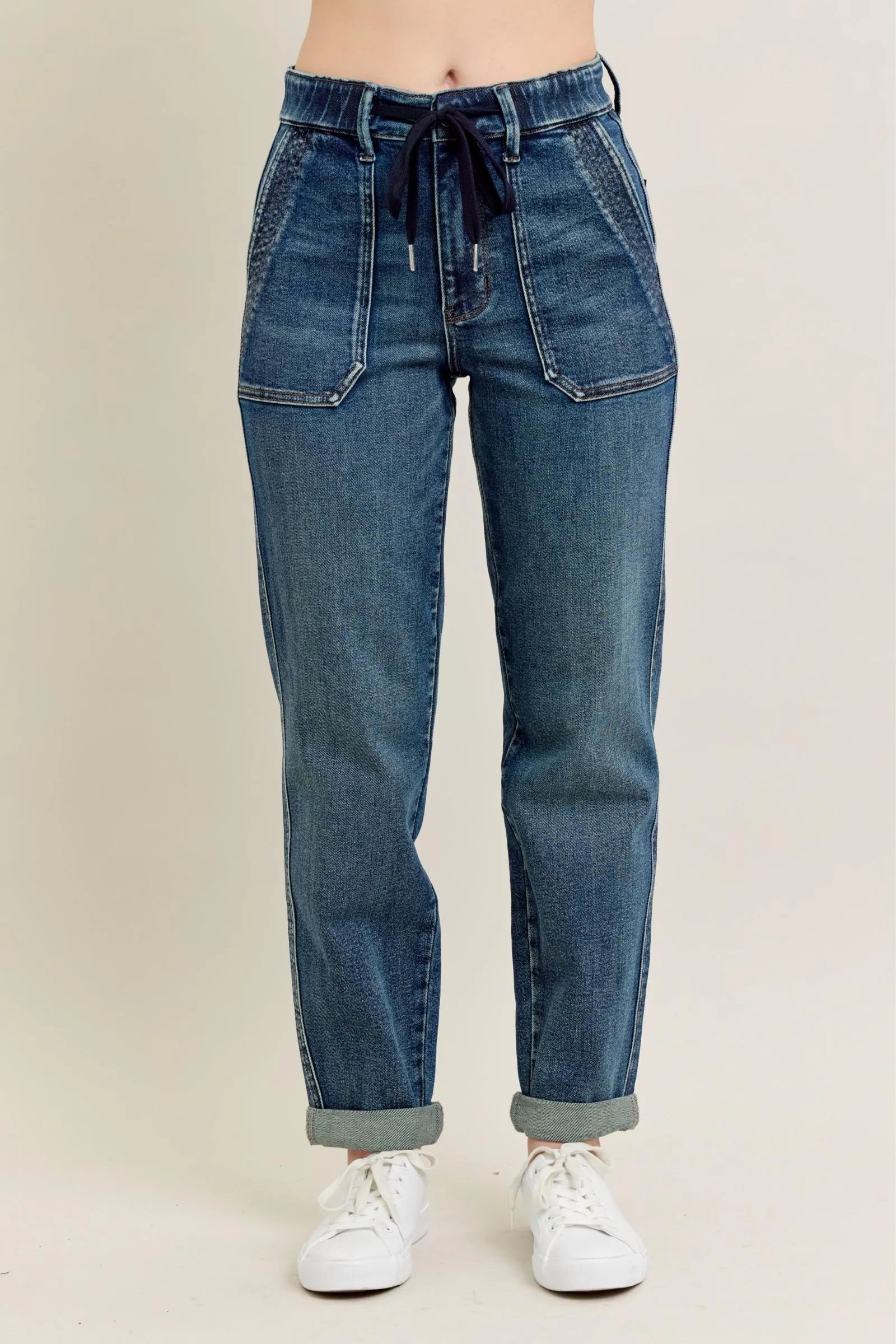 Judy Blue Full Size HW Vintage Wash Jeans w/ Drawstring Plus Size - Alwesbo Fashion